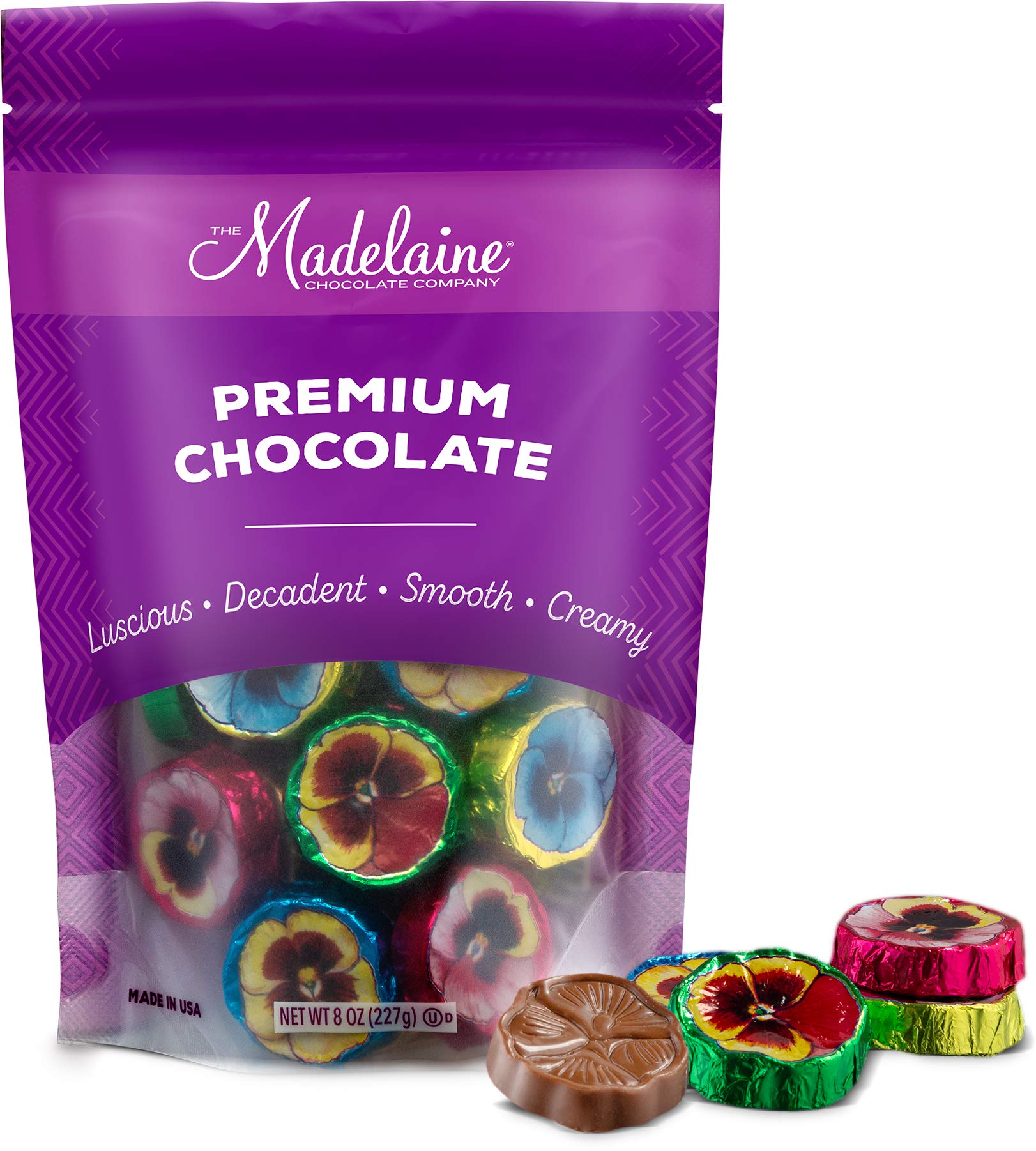 Madelaine Solid Premium Milk Chocolate Pansy Flowers Wrapped In Assorted Colors Of Italian Foil (1/2 LB)