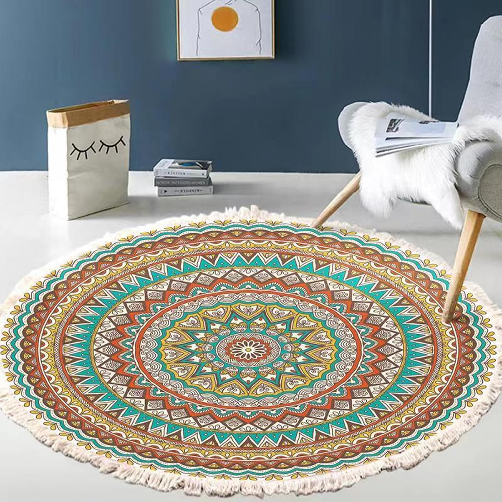 VAODO Area Rugs, 120 cm Round Tassel Carpet, Soft Non-slip and Easy-Care Cashmere Floor Mat, Suitable for Living Room, Bedroom, Hallway, Office, Colorful