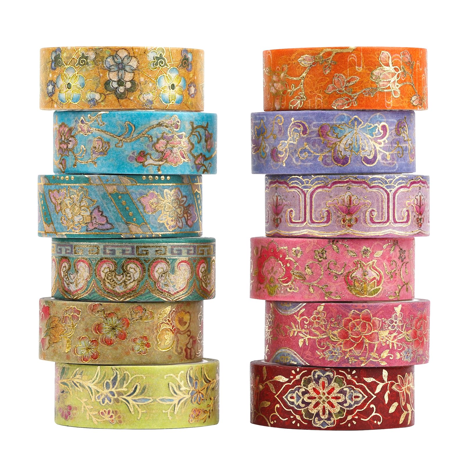 Lychii Washi Tape Set, 12 Rolls Vintage Masking Tape, Gold Foil Decorative Tape, 5M/16.4Ft Long Glitting Oriental Aesthetic Journaling Supplies for Planner, Bujo, Artistic Projects - 15mm