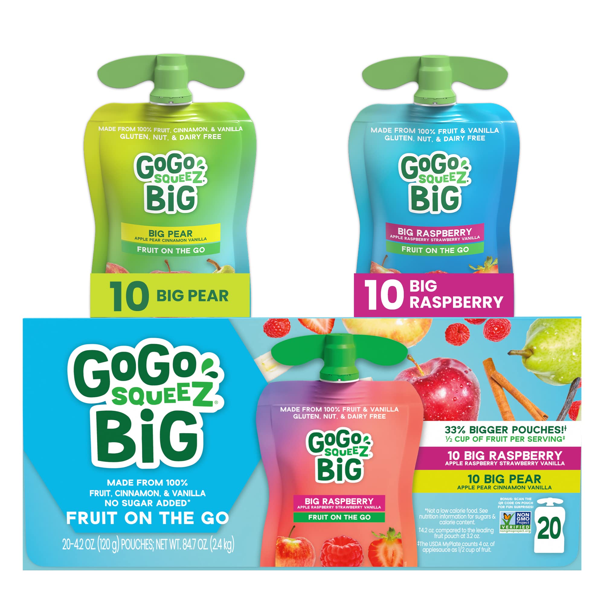 GoGo squeeZ BIG Variety Pack, BIG Pear & BIG Raspberry, 4.2 oz. (Pack of 20), Unsweetened Fruit Snacks for Kids, Gluten Free, Nut Free and Dairy Free, Recloseable Cap, BPA Free Pouches