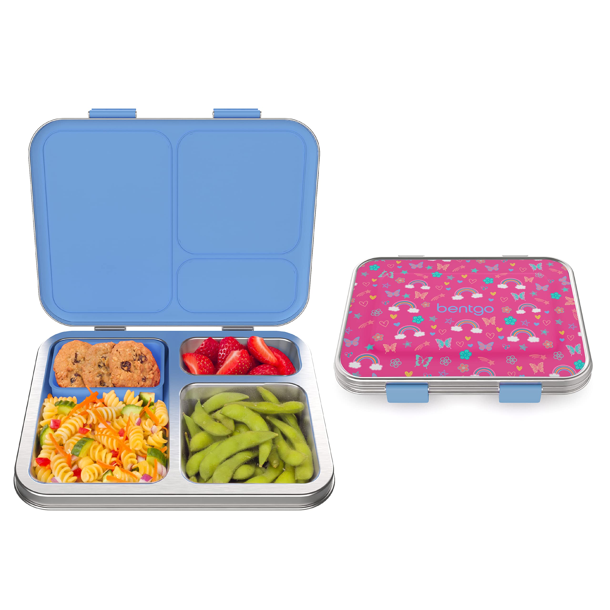 Bentgo Kids Stainless Steel Prints Leak-Resistant Lunch Box - 3-Compartment Bento Style Lunch Box with Bonus Container - Eco-Friendly, Dishwasher Safe, BPA-Free, Ages 3+ (Rainbows & Butterflies)