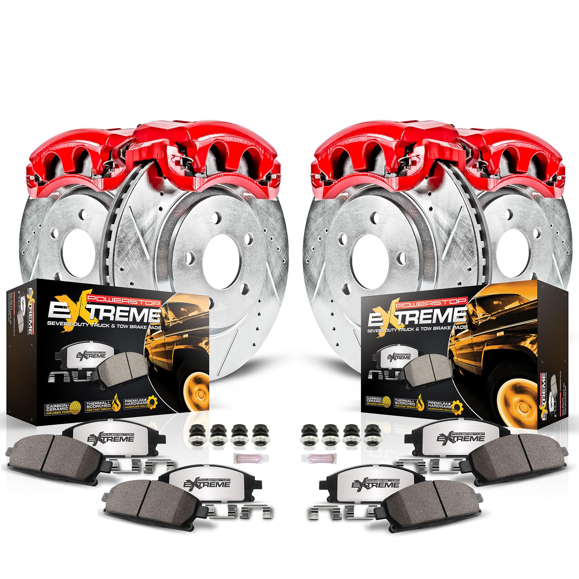 Power Stop KC2164A-36 Front & Rear Z36 Truck and Tow Carbon Fiber Ceramic Brake Pads with Drilled and Slotted Rotors Brake Kit with Calipers For Dodge Ram 1500 Durango Aspen