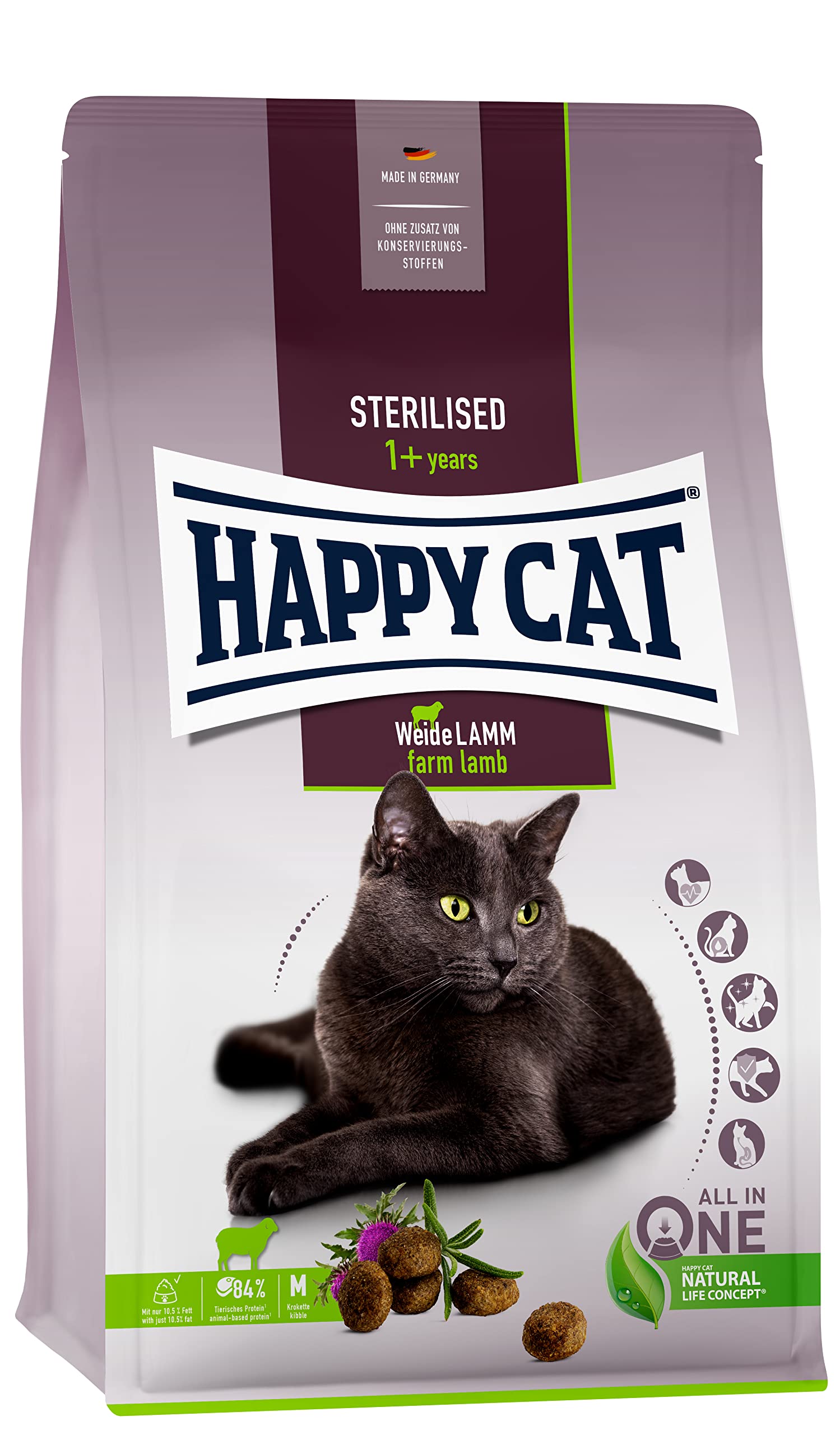 Happy Cat[4 kg] Super Premium Sterilised Farm Lamb supports the joints specially developed for neutered cats and suitable for sensitive adult cats.