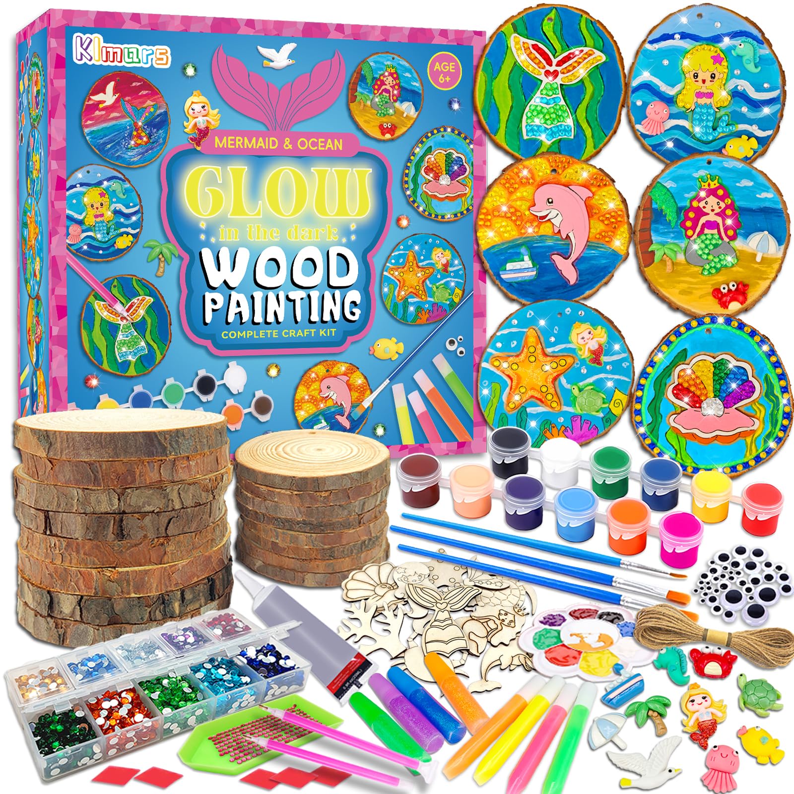 klmarsMermaid Themed Wooden Painting Kit-Glow in The Dark-Arts & Crafts Gifts for Kids Girls Ages 5-12-Wood Slice Craft Activities Kits -Mermaid Art Toys for Kids Christmas Gifts