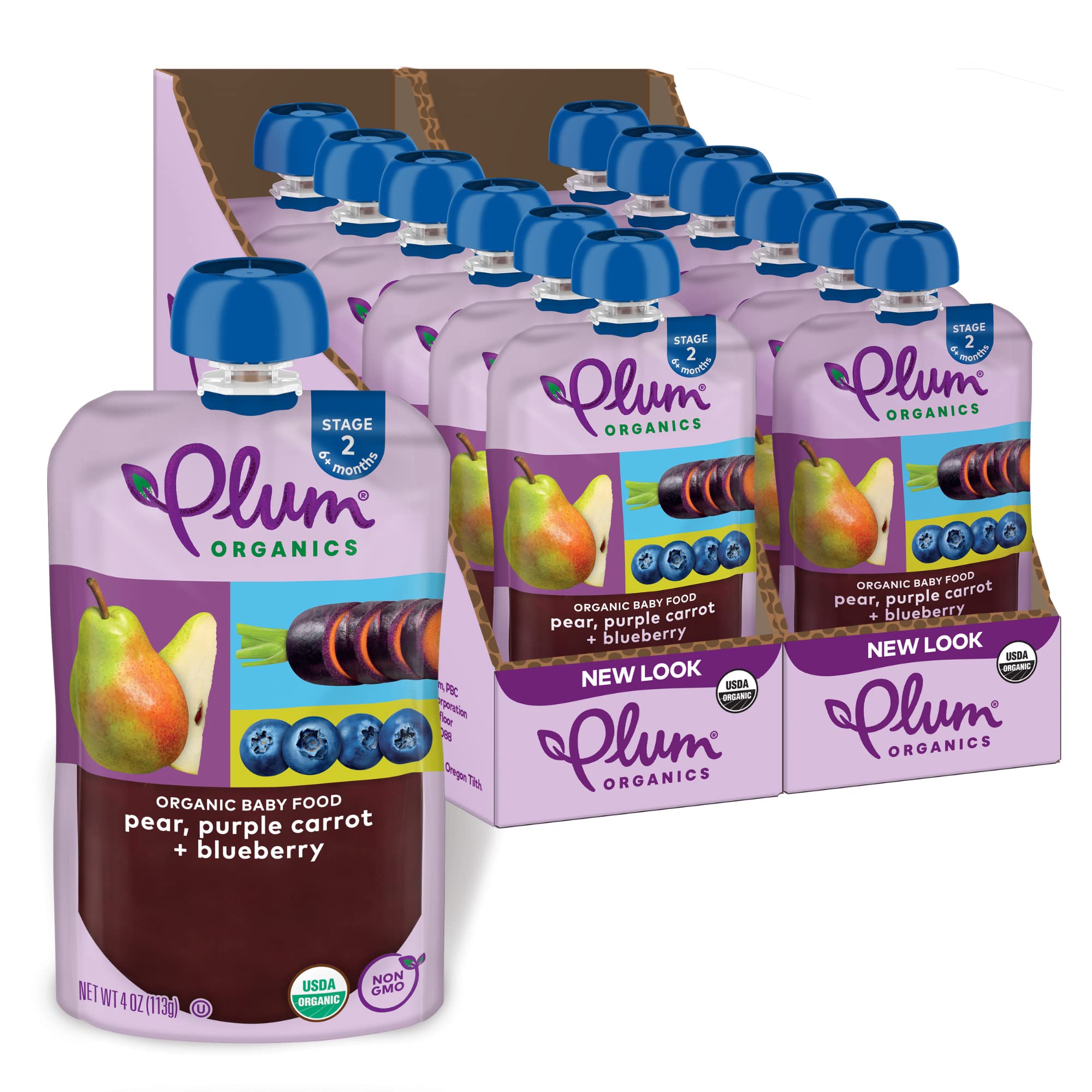 Plum Organics Stage 2 Organic Baby Food - Pear, Purple Carrot, and Blueberry - 4 oz Pouch (Pack of 12) - Organic Fruit and Vegetable Baby Food Pouch