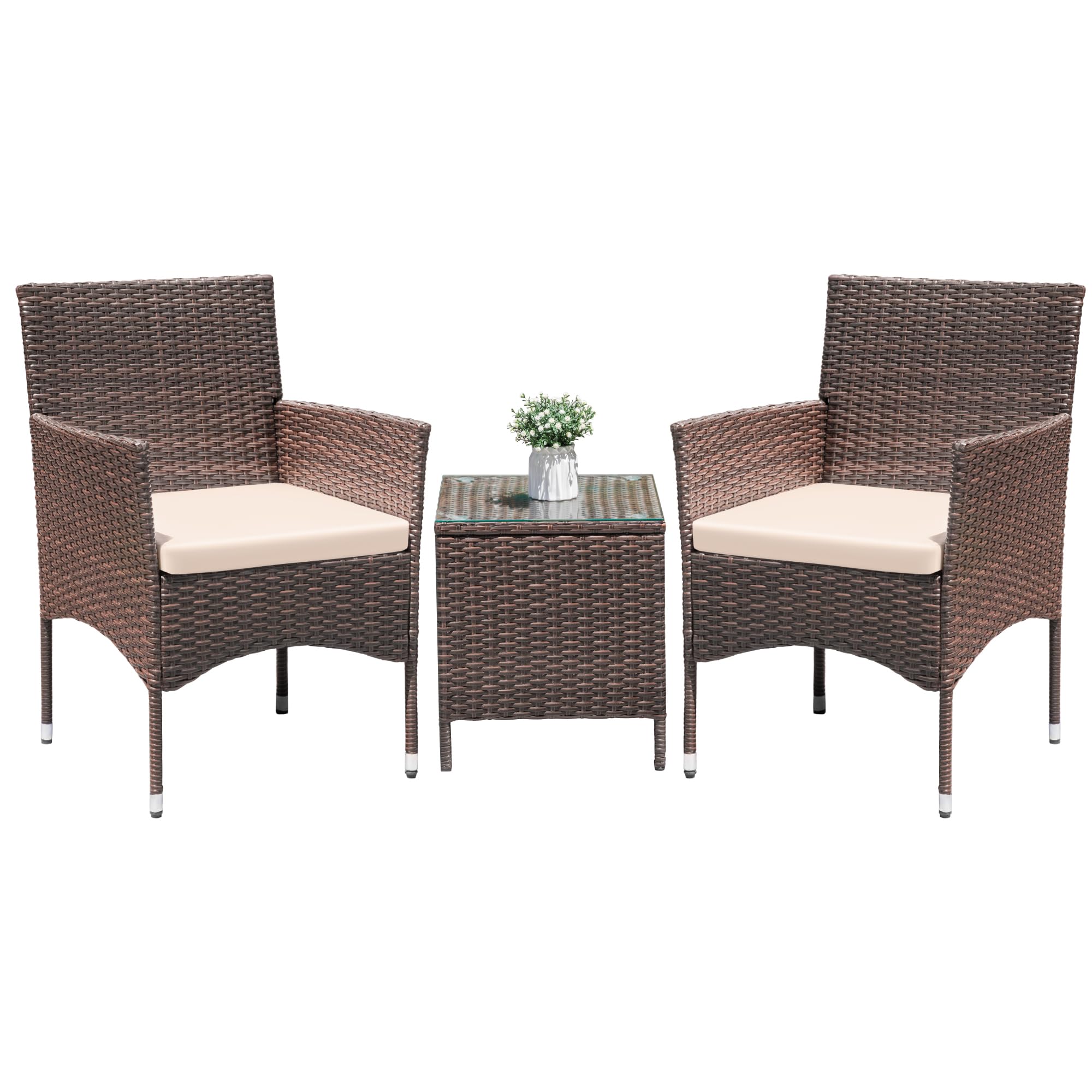 Greesum3 Pieces Patio Dining PE Rattan Wicker Chair Furniture Set with Cushion and Glass Coffee Table for Outdoor Garden Backyard Poolside, Brown and Beige