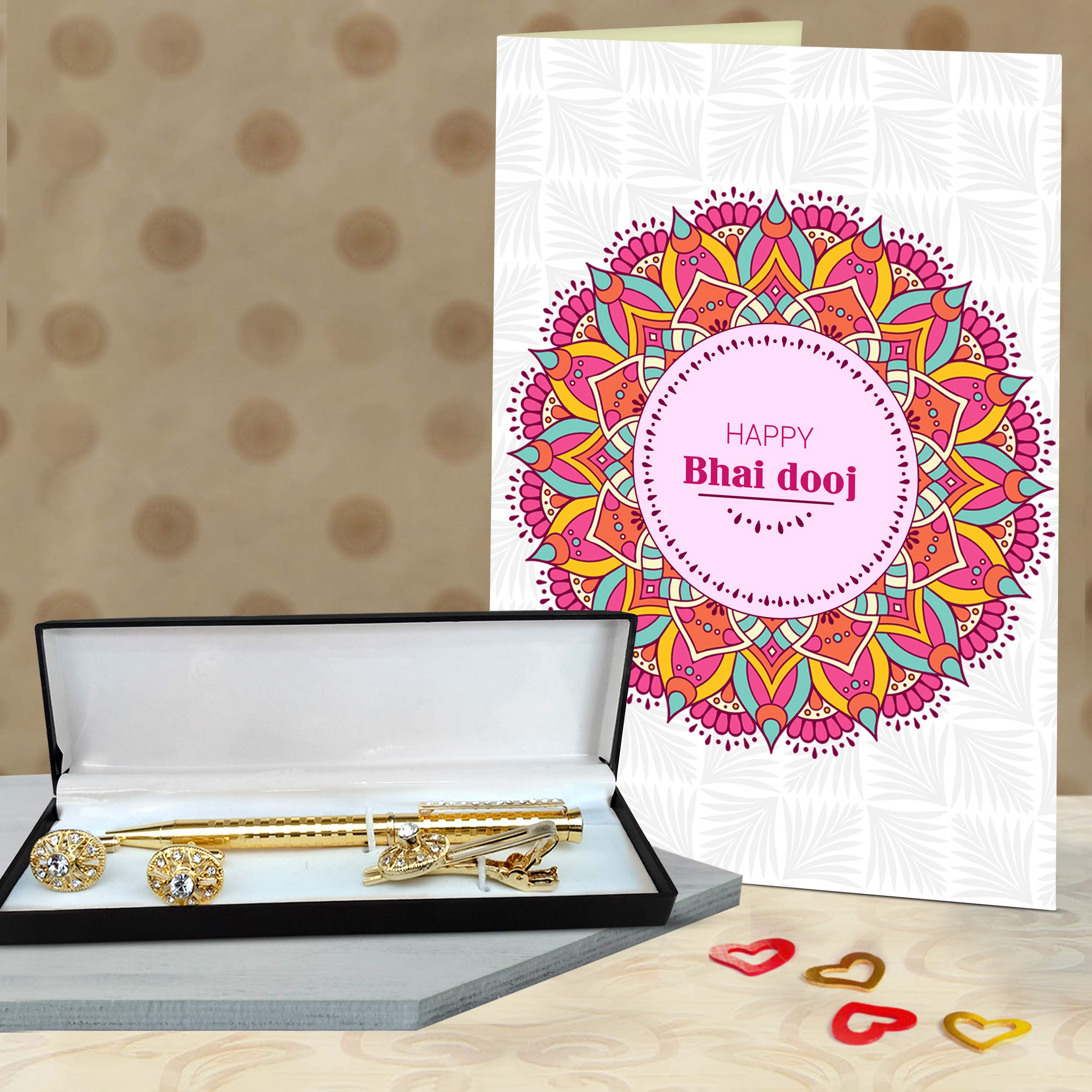 TIED RIBBONS Bhai Dooj Gifts for Brother Cufflink Tiepin Pen and Greeting Card - Bhai Dooj Gift Pack