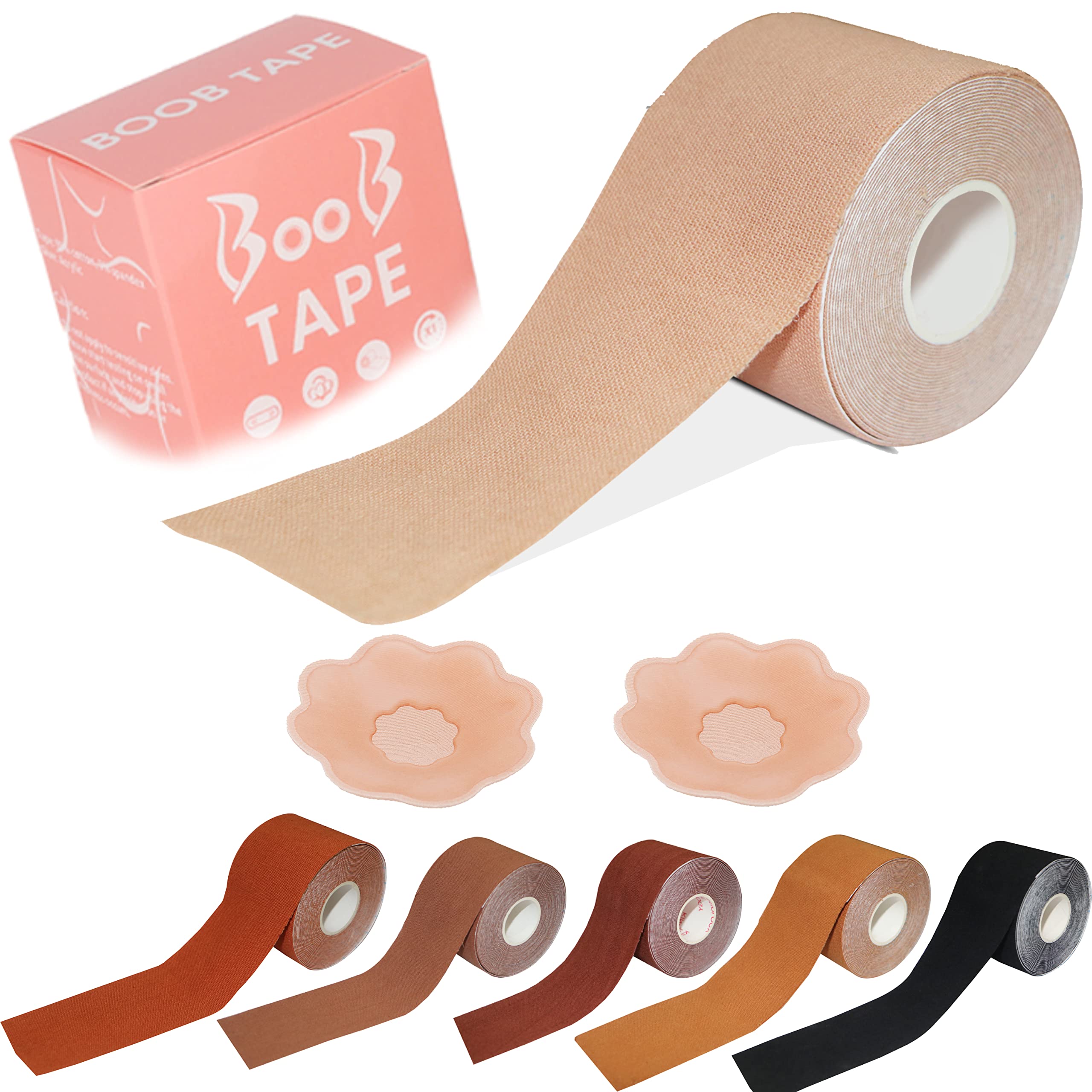 LETRATEBoob Tape, Bob Tape for Large Breasts, Self-Adhesive Strapless Boobtapes with 2 Pcs Nipple Covers, 5M Stretchable Longer Than Regular Roll, Perfect to Stick on Bra