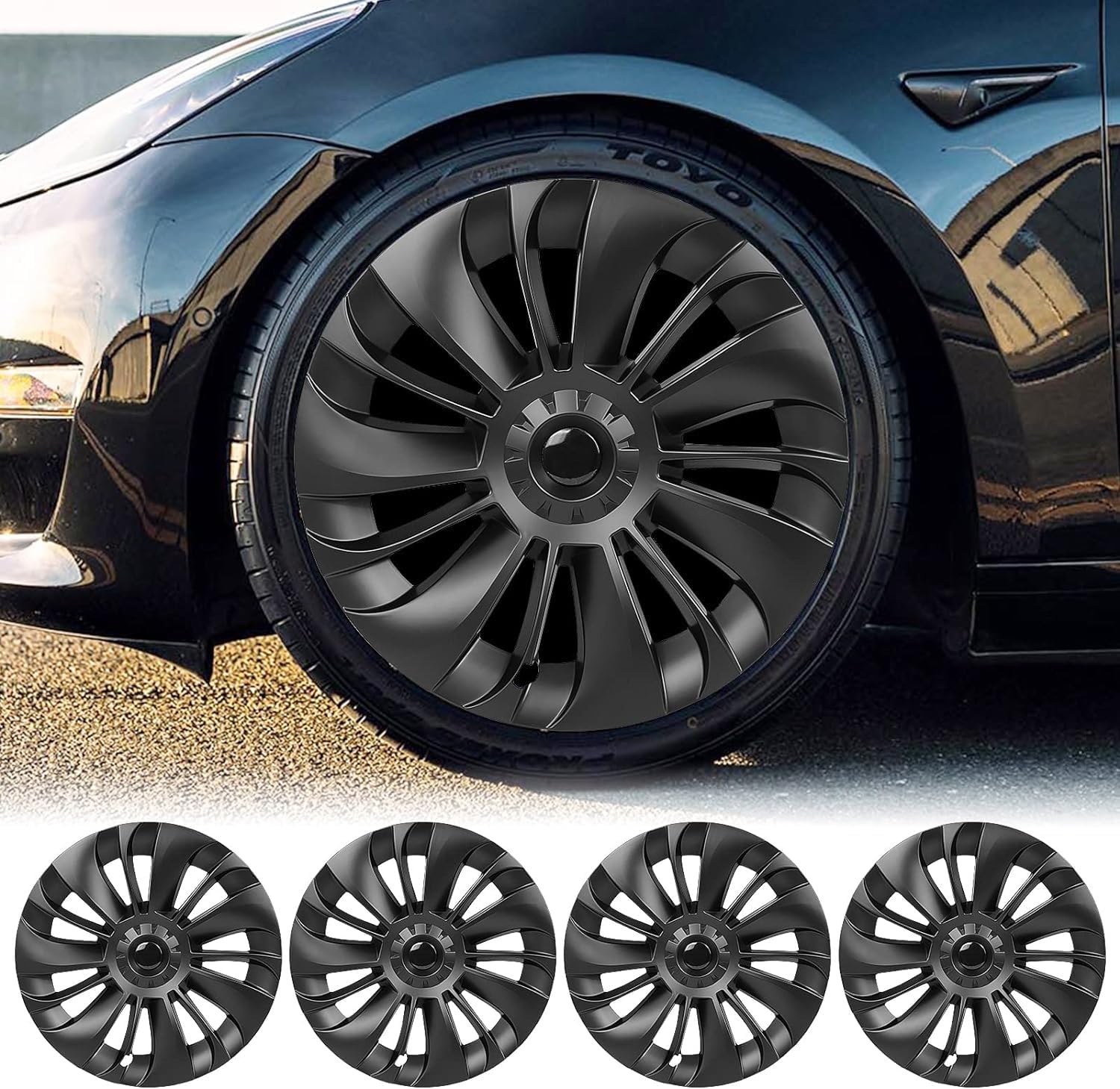 YOUWE7 19 Inch Tesla Model Y Hubcaps - 2020-2023 Model Y Wheel Covers, Waterproof Matte Black Rim Protector Replacement Kit with Black Emblems,Rims Wheel Covers Replacement Accessories Set of 4