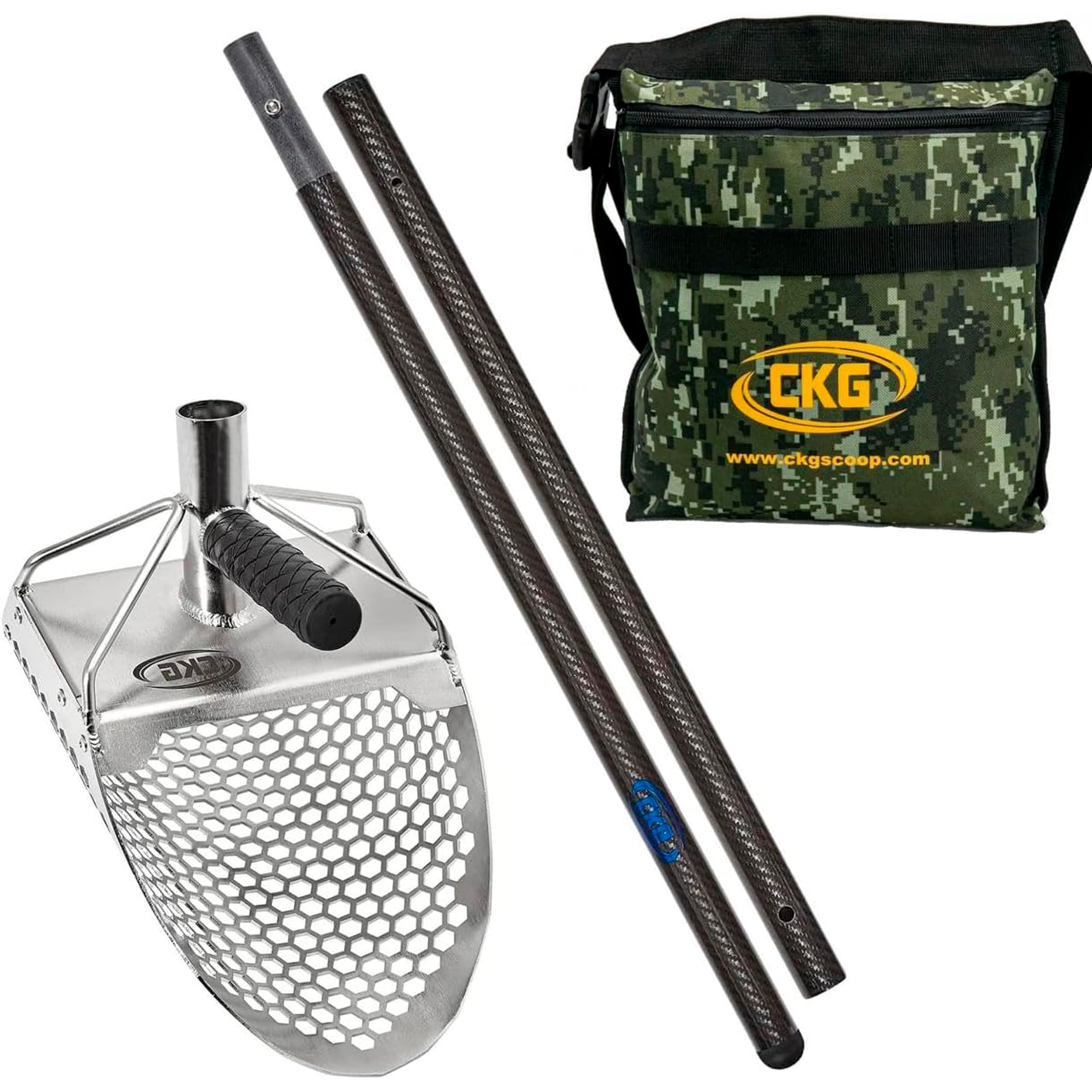 CKGSand Scoops for Beach Metal Detecting Stainless Steel Beach Metal Detecting Shovel Underwater Treasure Hunting, Metal Detector Accessories(Bag + Scoop + Carbon Fiber Handle), (11x7 + Handle)