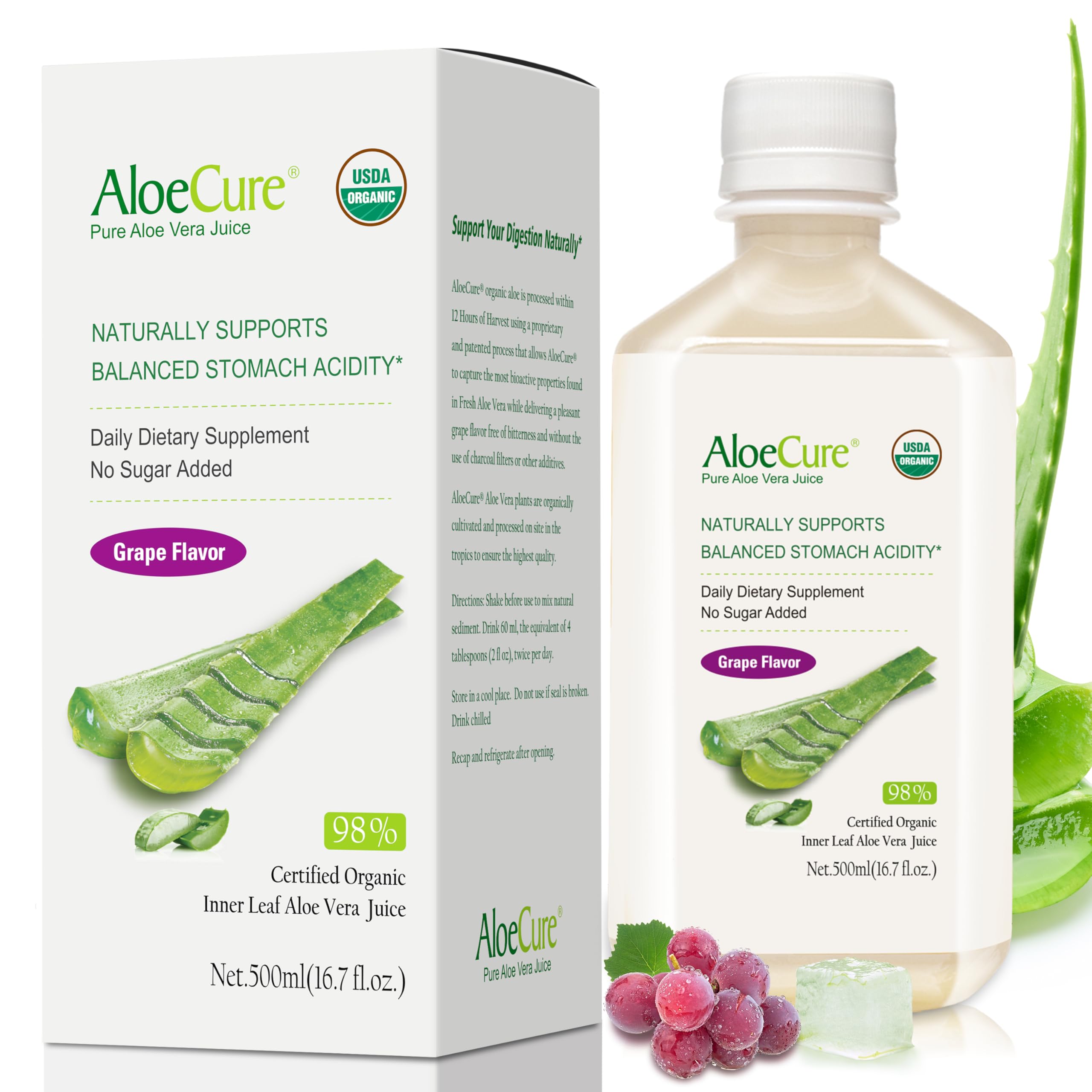 AloeCure USDA Organic Aloe Vera Juice Grape Flavor, Made Within 12 Hours of Harvest - Pure Aloe Juice Natural Digestive & Immune Support Supplement, Naturally Balances Stomach Acidity, 16.7oz Bottle