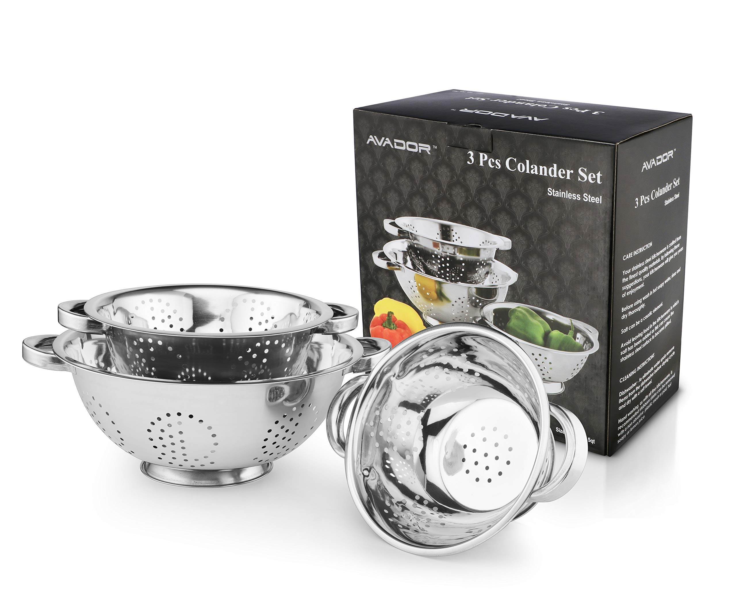 AVADOR Stainless Steel Colanders, Set of 3