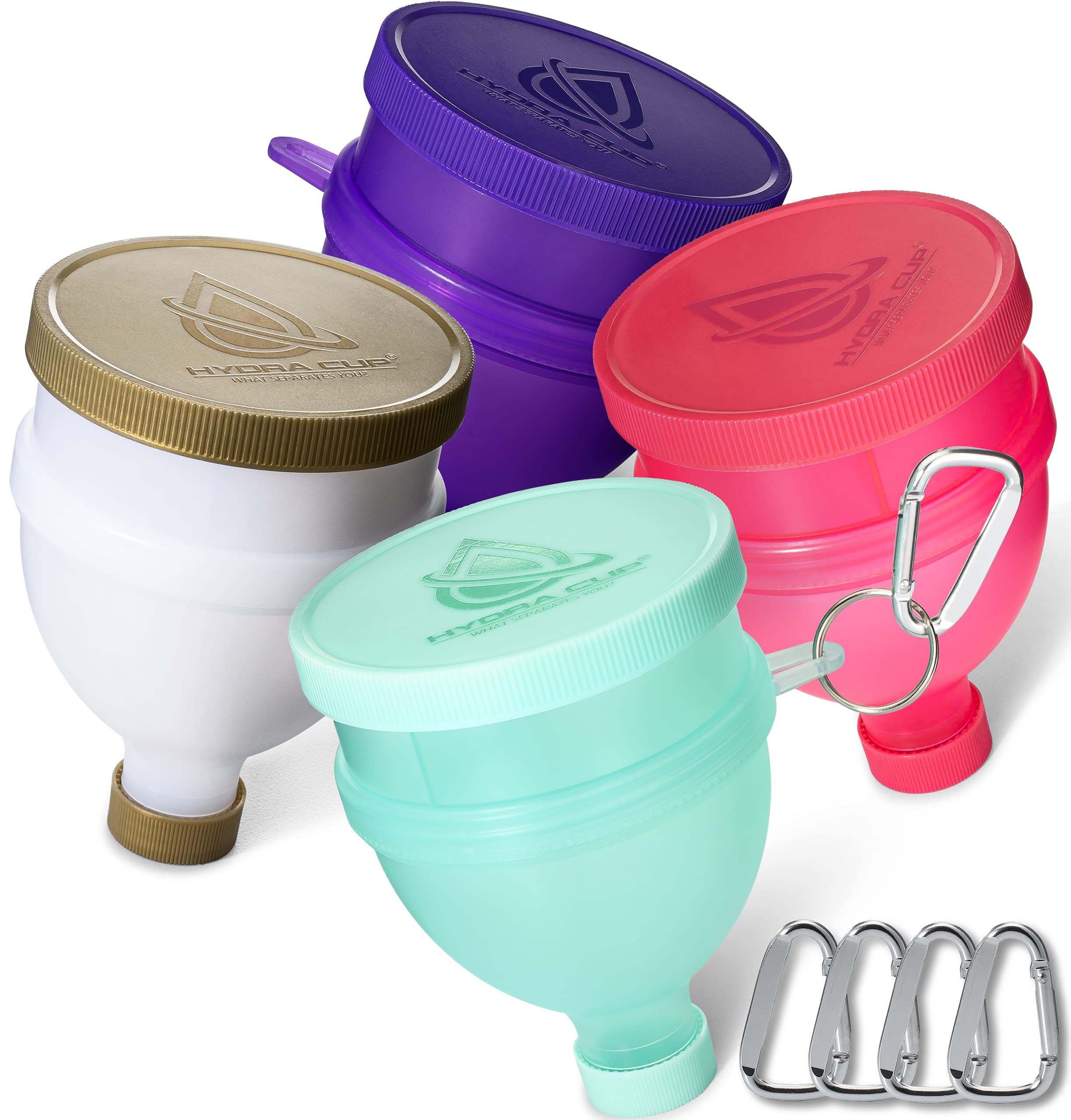 Hydra Cup [4 PACK] - Protein Powder Funnel w/three compartments, pill & supplement storage container & dispenser, pair w/shaker bottle on the go for pre/post workout (Purple/Pink/White/Gold/Green)