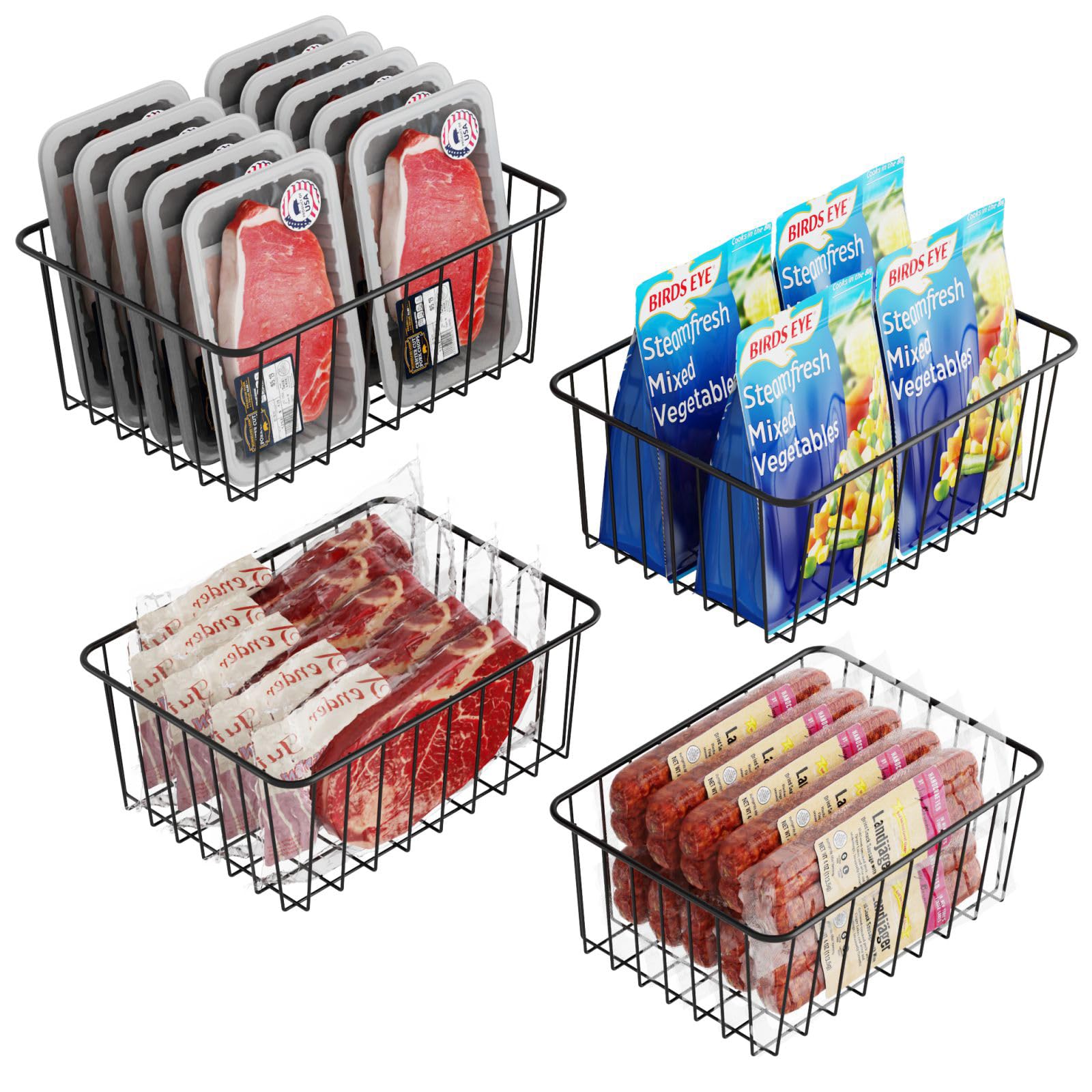 iSPECLE Upright Freezer Organizer Bins - 4 Pack Small Stand Up Freezer Baskets for 13 cu.ft Freezer, Easily Get Food and Stop Food Fall out from Freezer, Freeze Efficiently with Air Circulation, Black