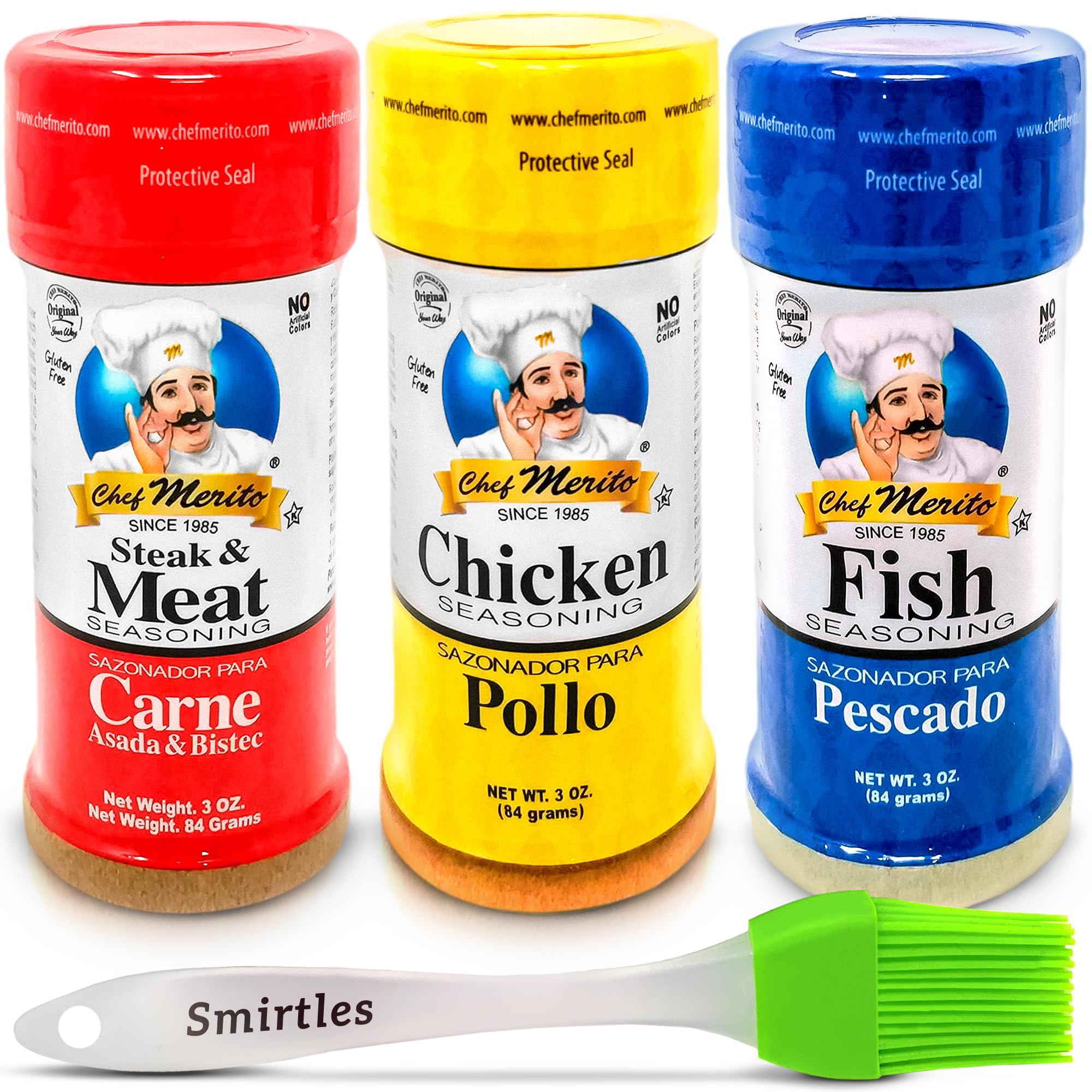 Chef Merito Mexican Seasoning Beef, Chicken, Fish. Combo Pack. Use for Carne Asada, Pollo Asado, Chicken and Steak Fajitas and Grilled Meats. 3 oz each With Basting Brush.