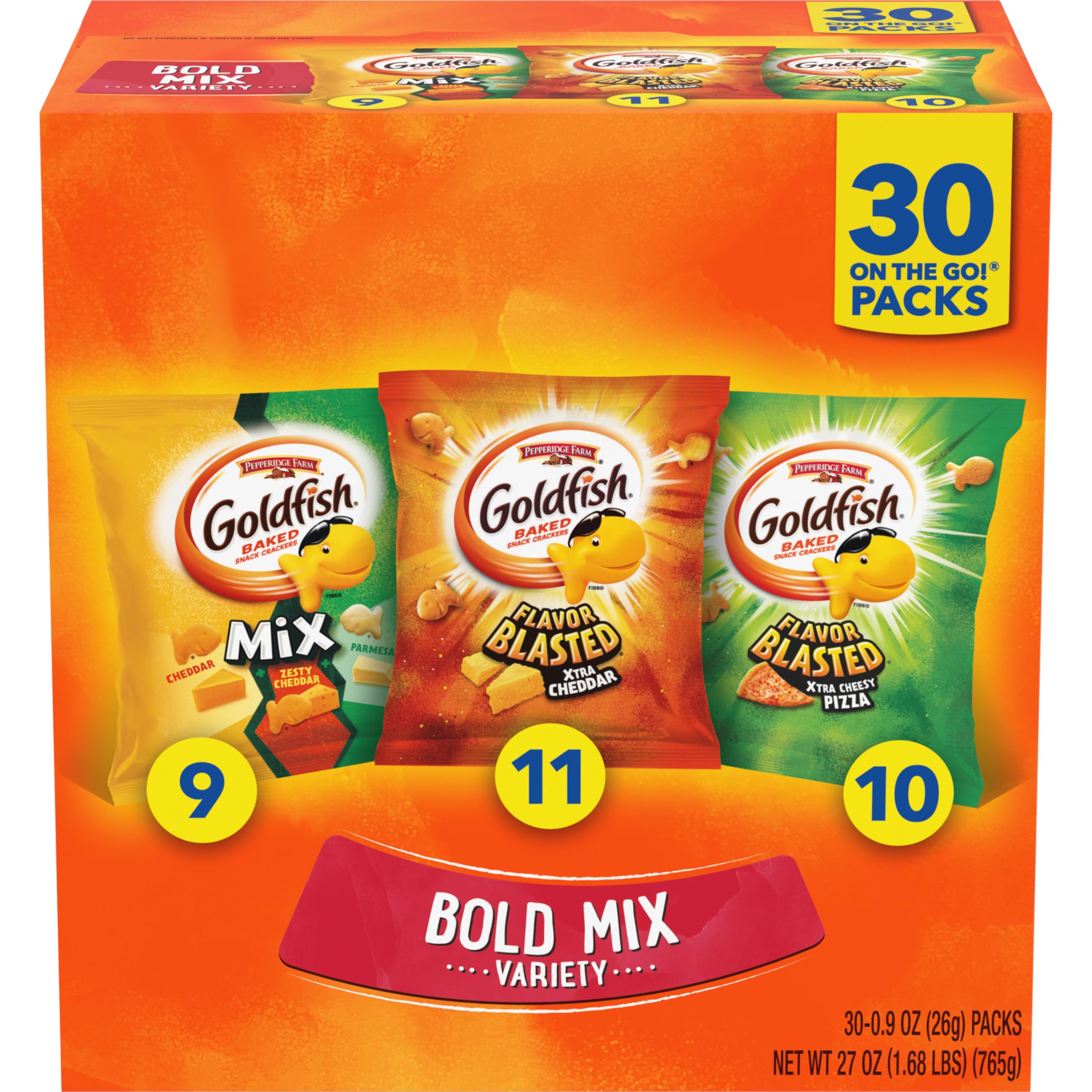 Goldfish Bold Mix Variety Pack Snack Crackers, 1 oz Snack Packs, 30 Ct Box