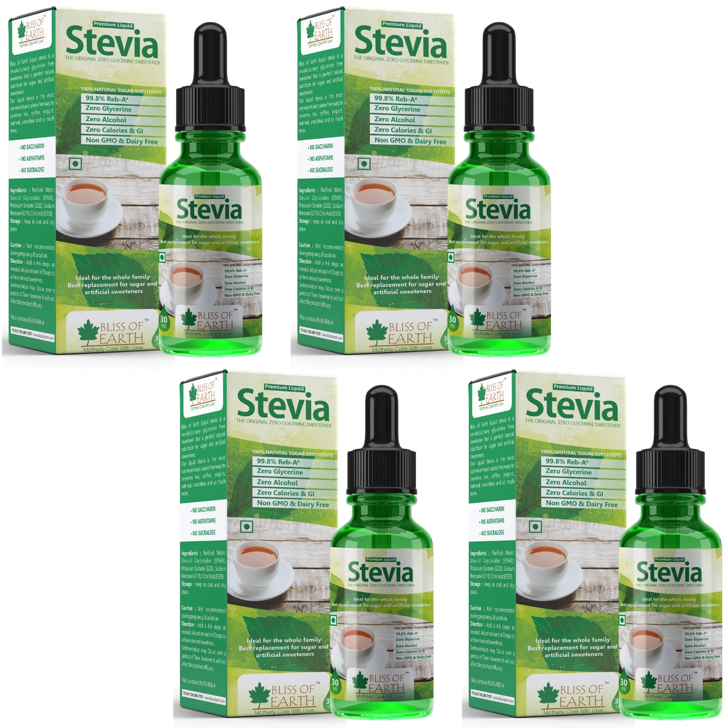 Bliss of Earth Stevia Liquid Drops Sugar free Zero Calorie Diabetic and Keto Friendly Sugar Substitute Glycerin Free 99.8% REB Glass Bottle Pack of 4x30ml