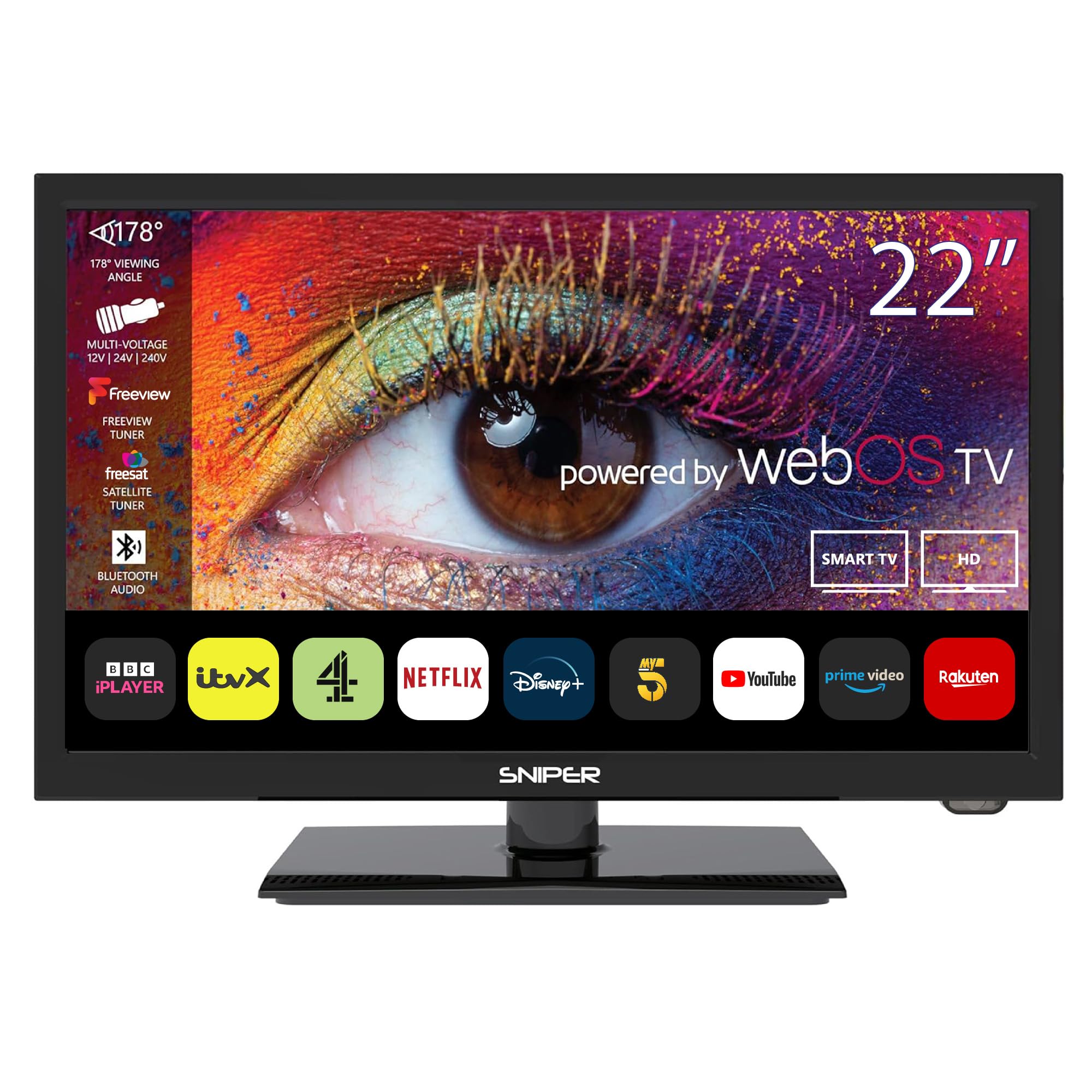 Sniper 22″ SMART LED Camping TV – webOS – Bluetooth 5.0, Wifi, Freeview Tuner, Satellite Tuner, Streaming & Catchup, 3 x HDMI, 2 x USB, Multimedia player, HD