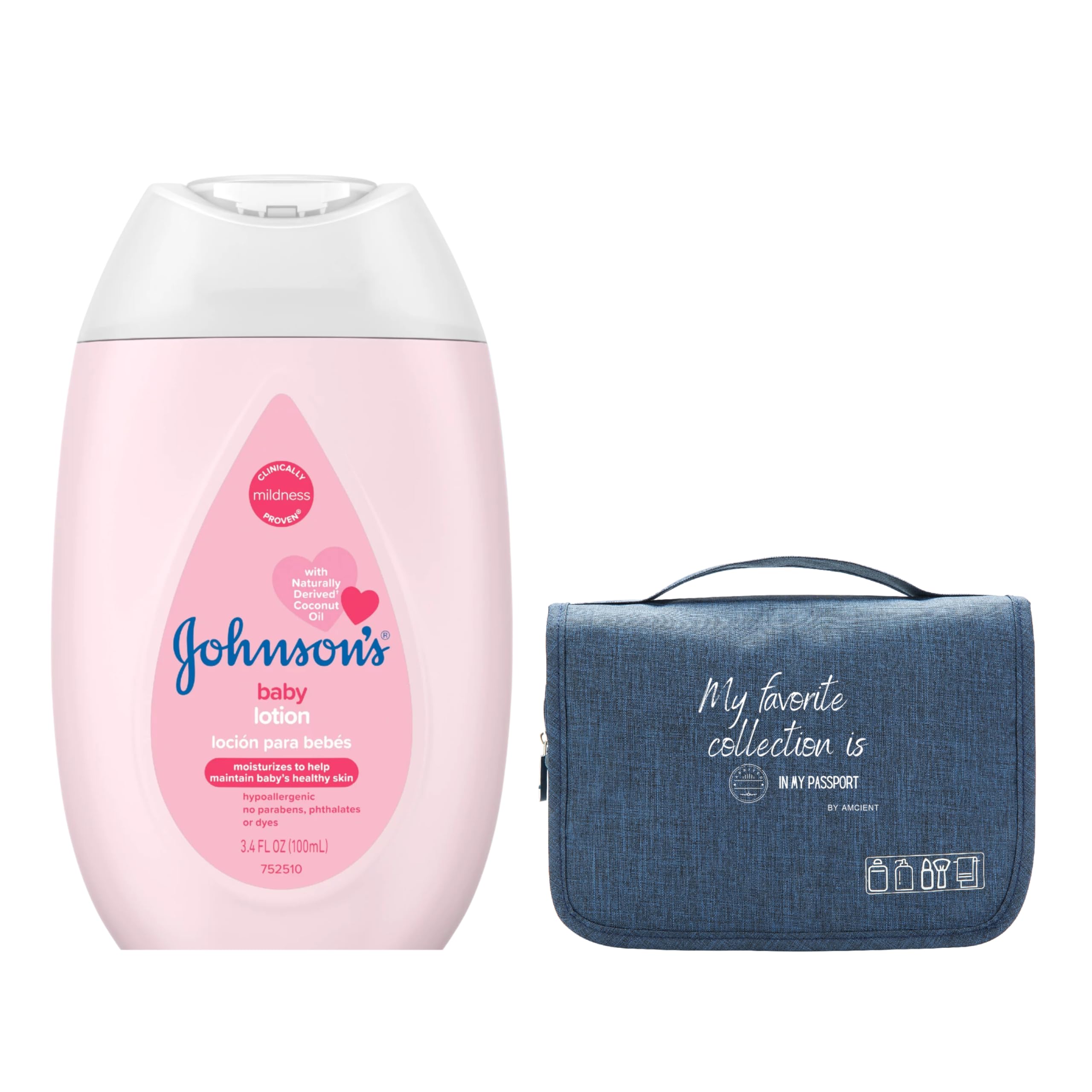 AMCIENT Baby Lotion Travel Set - Jonsons baby Lotion 3.4 Oz Bundle With Hanging Toiletry Bag (Pack of 1)