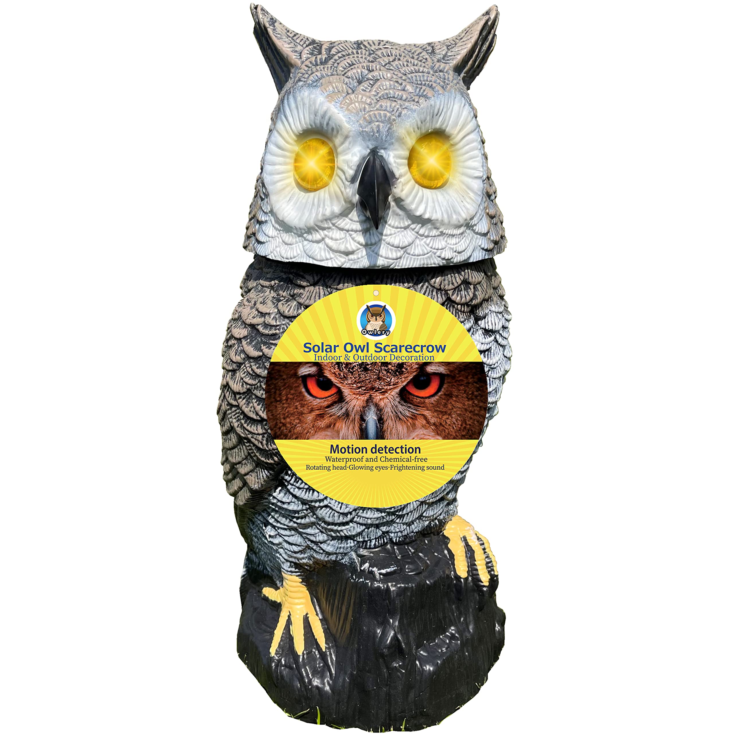 Solar Owl with Flashing Eyes, Rotating Head and Realistic Tweets, Plastic Owl Decoration for Home, Garden, Patio and Fence, 15 in x 5.5 in x 5.5 in