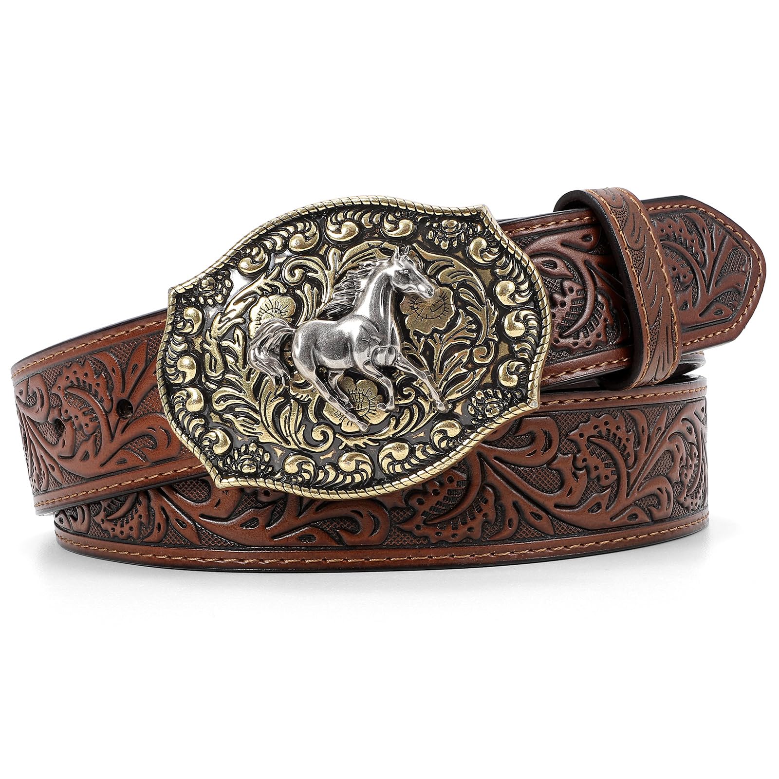 SANSTHSCowboy Belts for Men Women Western Buckle Belt Cowboy Cowgirl Embossed Leather Belt for Jeans Christmas Gifts Belt