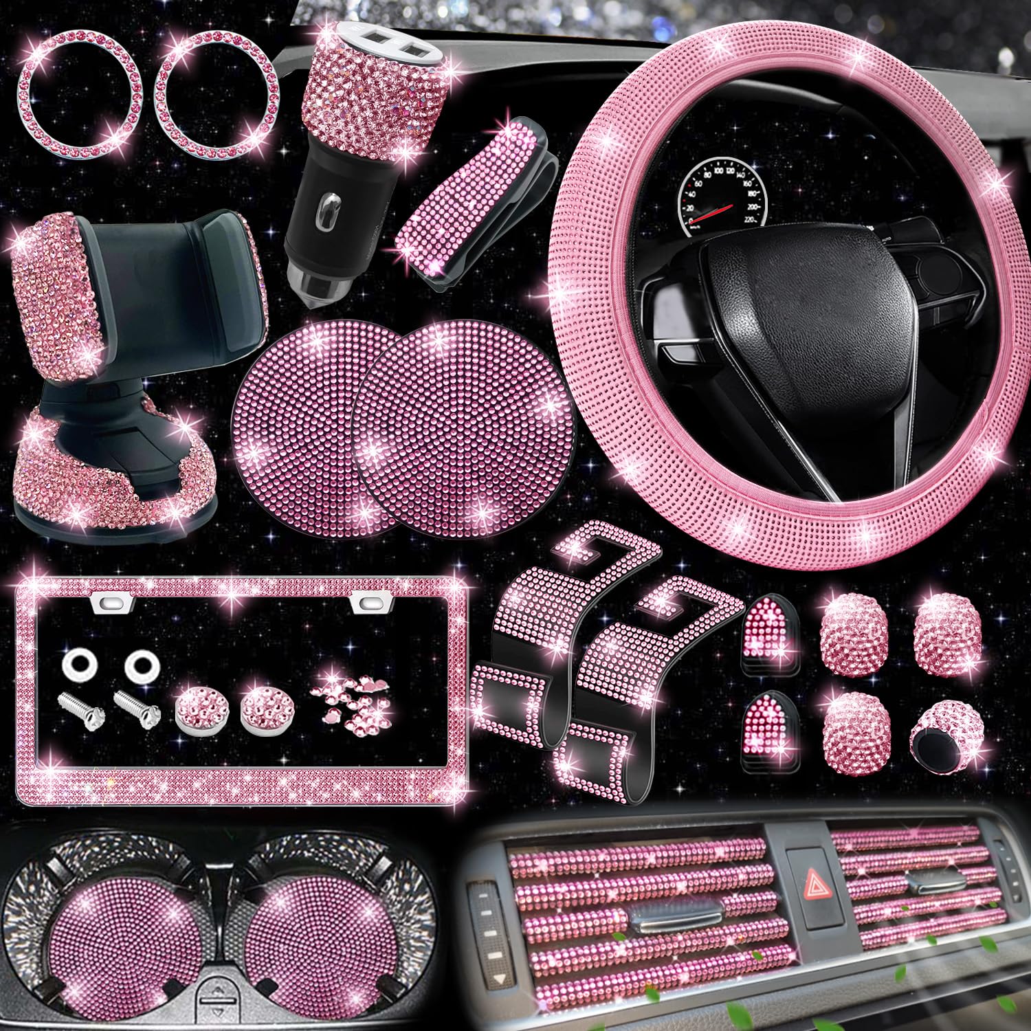 NBTEPEM 27 PCs Bling Car Accessories Set for Women, Bling Steering ...