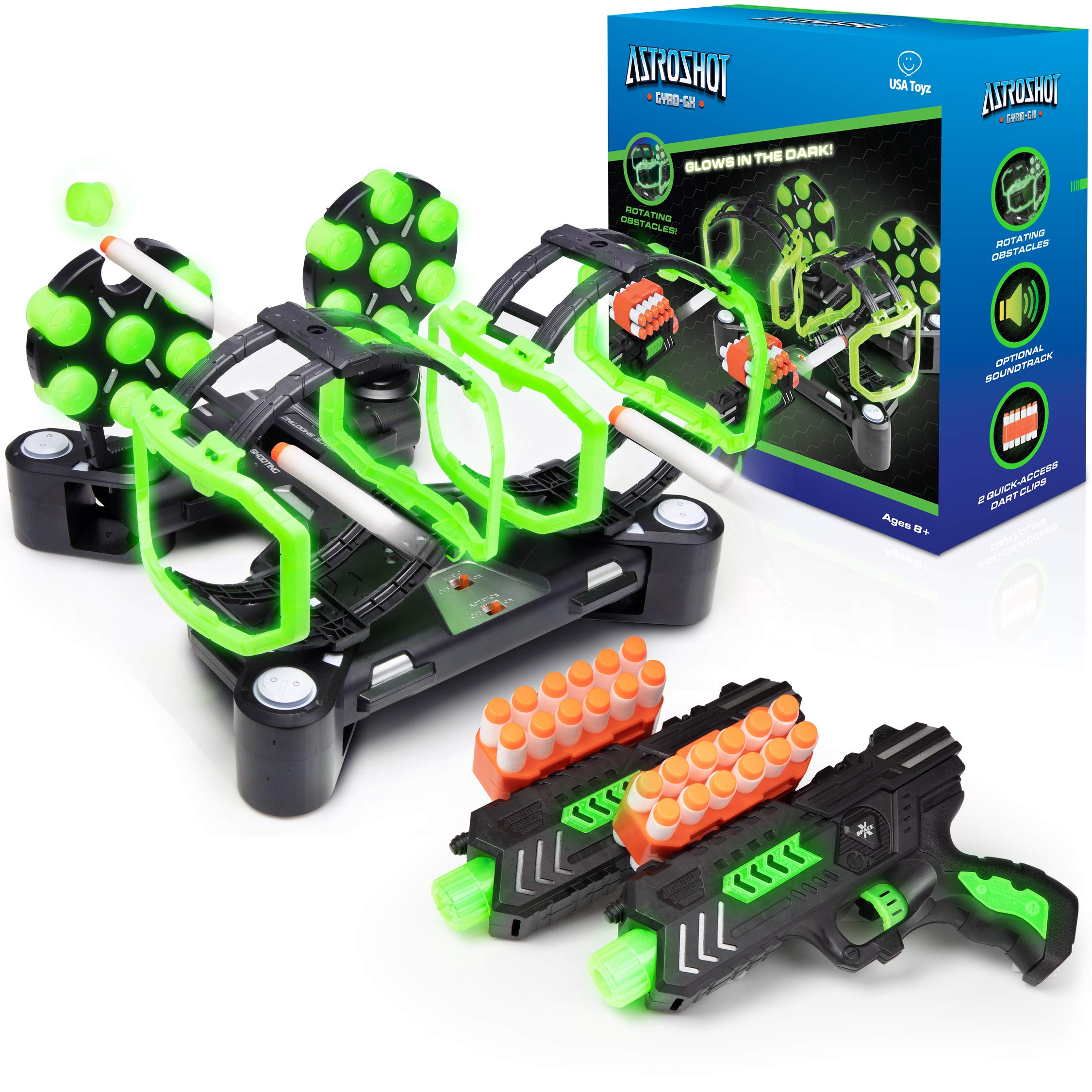 USA Toyz Astroshot Gyro Glow Rotating Shooting Games for Kids - Nerf Compatible Spinning Shooting Targets, Kids Shooting Game, 2 Toy Guns for Boys and Girls, 14 Targets, 24 Foam Darts, 2 Dart Holders