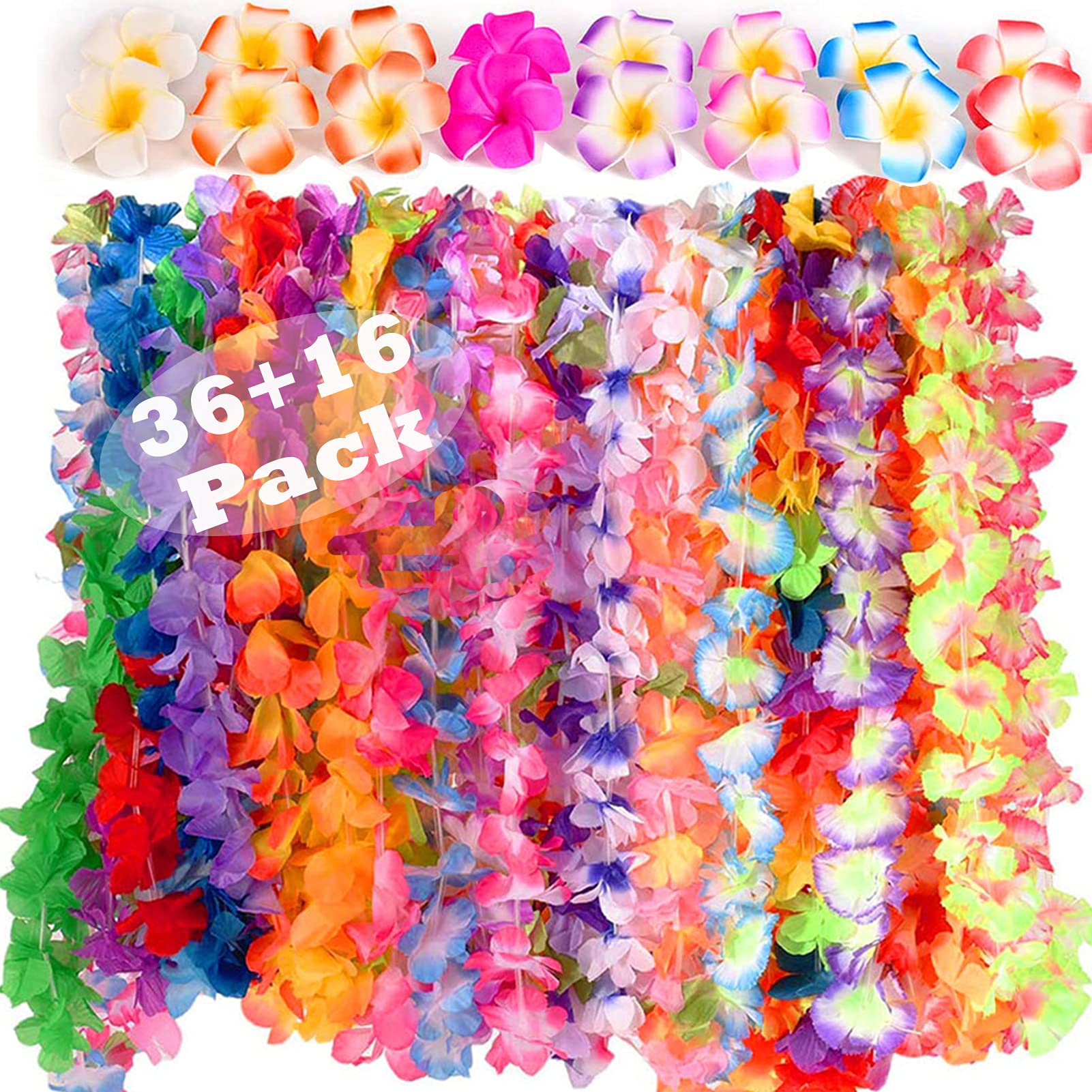 Luau Party Essentials - Leis (36 Count) with Flower Hair Clips (16 Pieces), Perfect for Hawaiian-Themed Celebrations