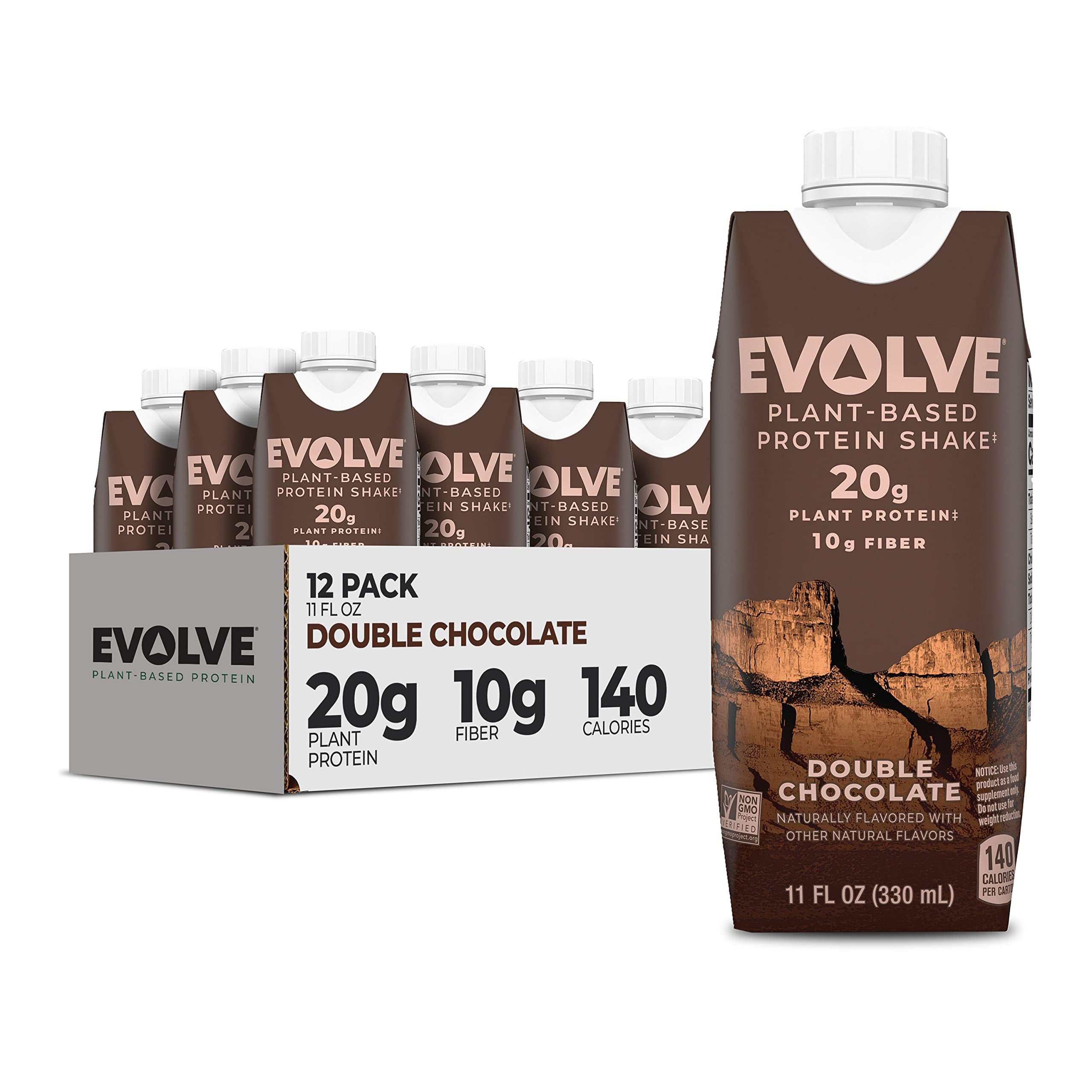 EVOLVEPlant Based Protein Shake, Double Chocolate, 20g Vegan Protein, Dairy Free, No Artificial Sweeteners, Non-GMO, 10g Fiber, 11 Fl Oz (Pack of 12) - (Formula May Vary)