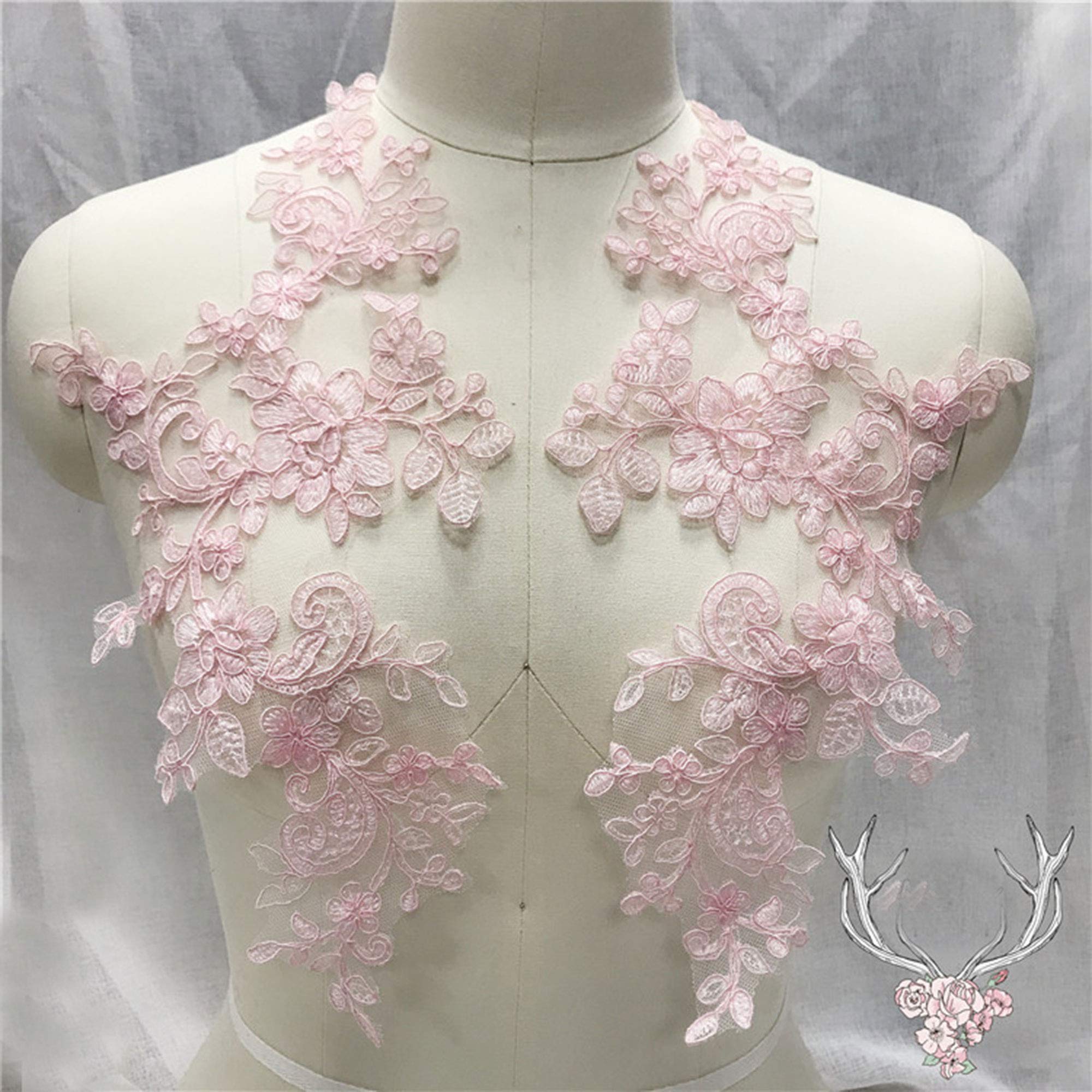 Mirror Pair Corded Flower Lace Applique Embroideried Patch Motif for Craft Project,Costumes Pink Color