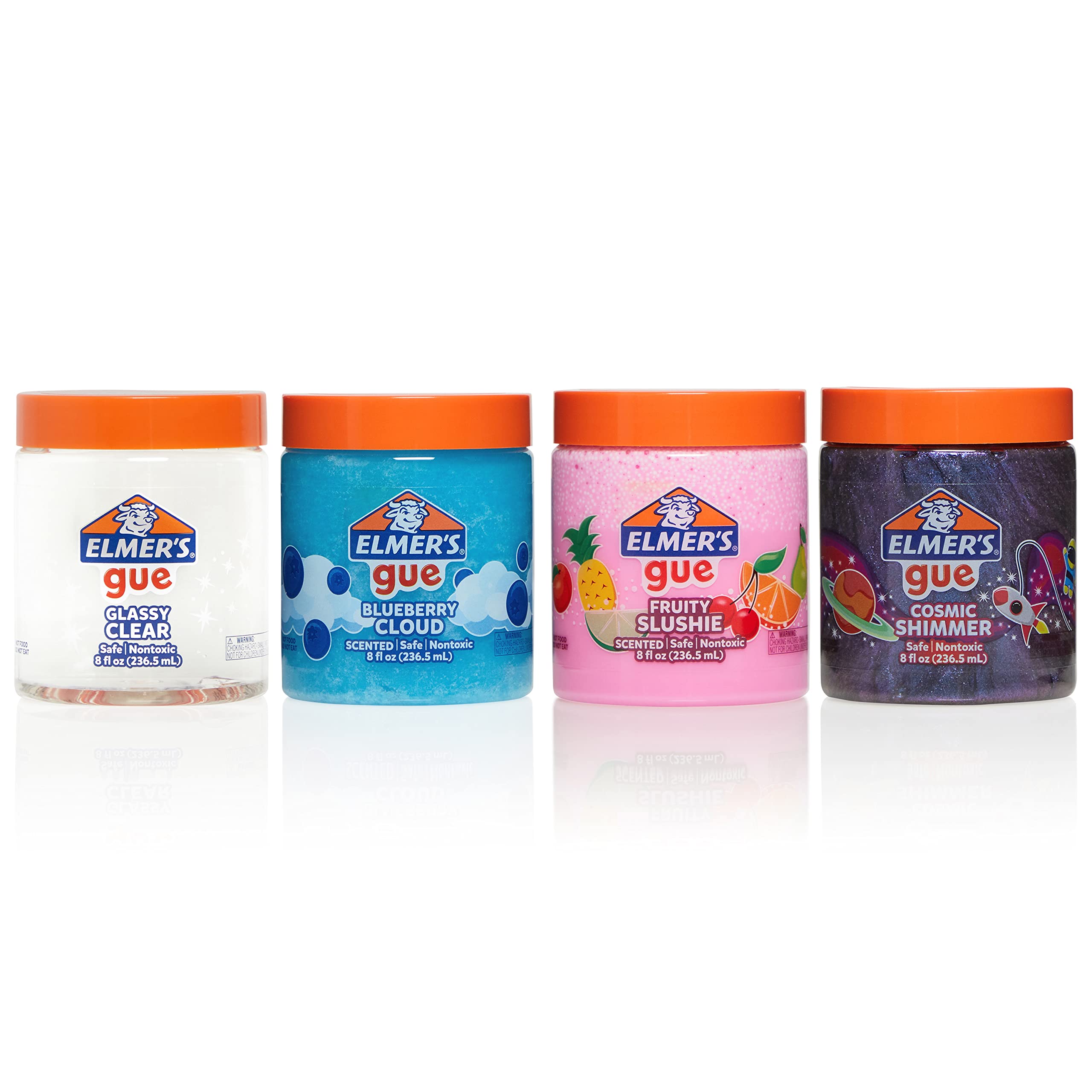 Elmer's Gue Premade Slime, Variety Pack, Includes Clear Slime, Scented Slime, Glitter Slime, 4 Count