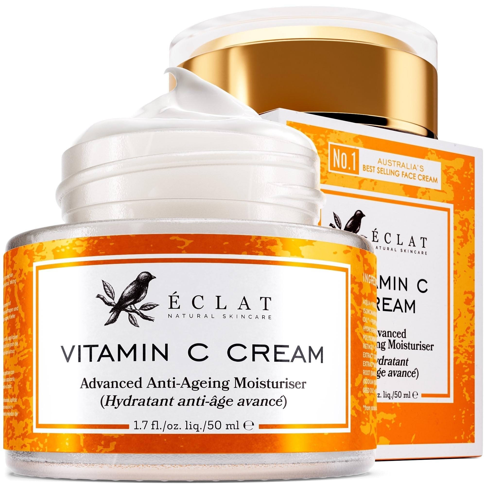 Vitamin C Face Cream - Vitamin C Cream with 2.5% Hyaluronic Acid + 2% Squalane, Vitamin C Moisturizer for Face, Brightening Cream to Reduce Uneven Skin Tone and Wrinkles, Antioxidant Firming Cream