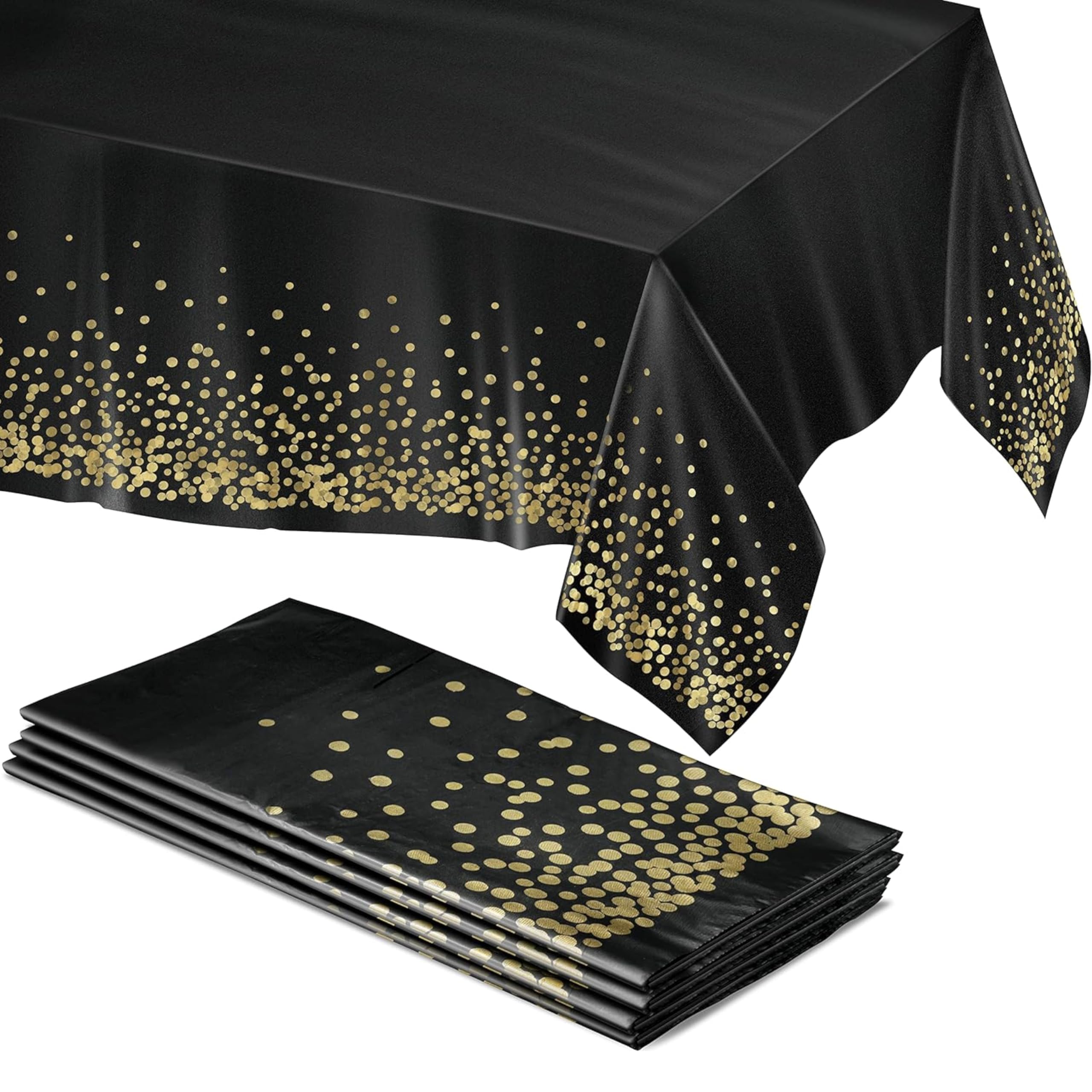 PresteeBlack and Gold Table Cloths for Parties, 4pk, 54"x108" - Gold Dot Plastic Tablecloths, Black Tablecloth, Black and Gold Party Decorations, Paper Tablecloth for BBQ, Party, Fine Dining, Wedding