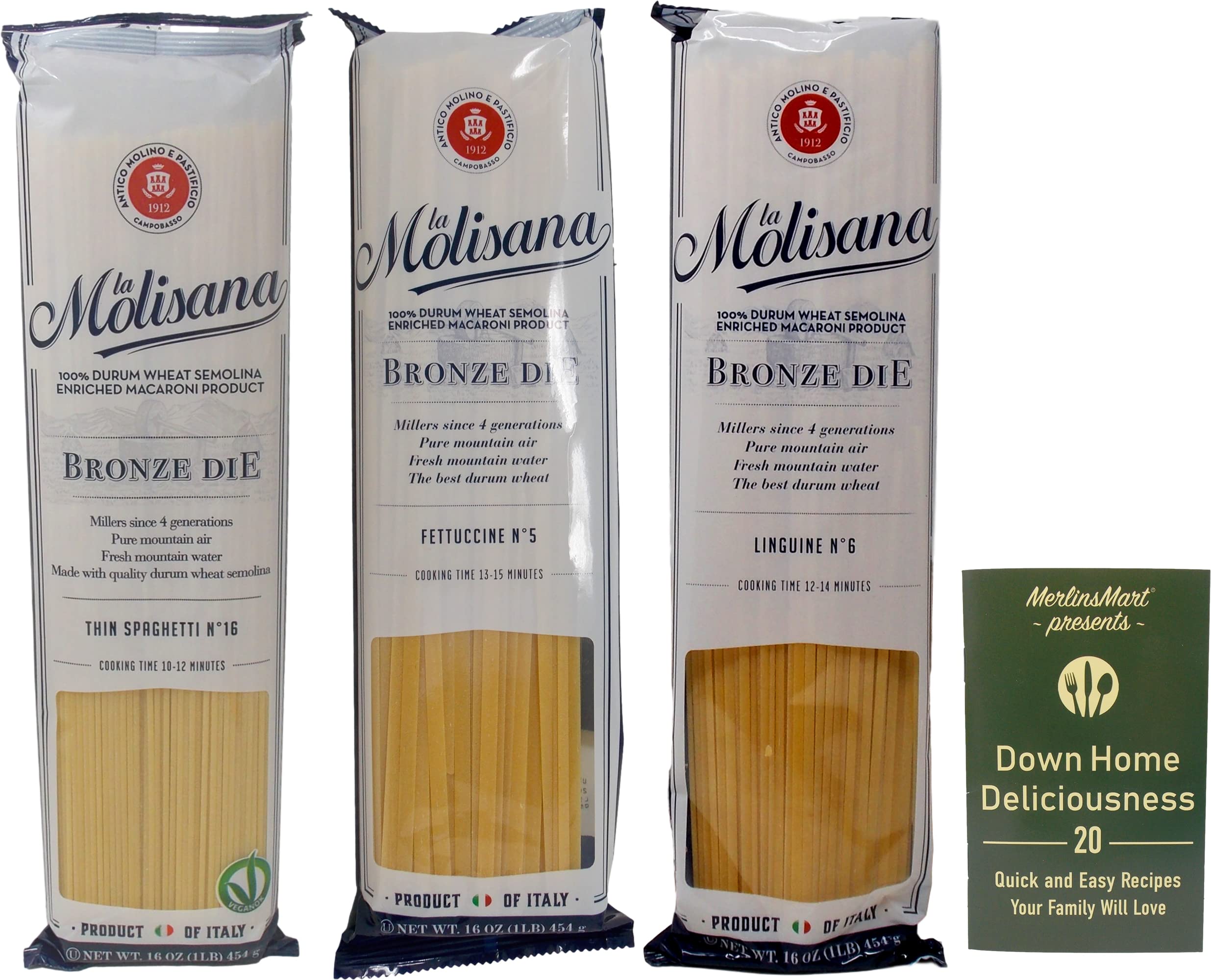 La Molisana Imported Italian Pasta 3 Shape Variety | (1) Each: Thin Spaghetti No.16, Fettucine No.5, Linguine No. 6 (16 Ounces) | Plus Recipe Booklet Bundle