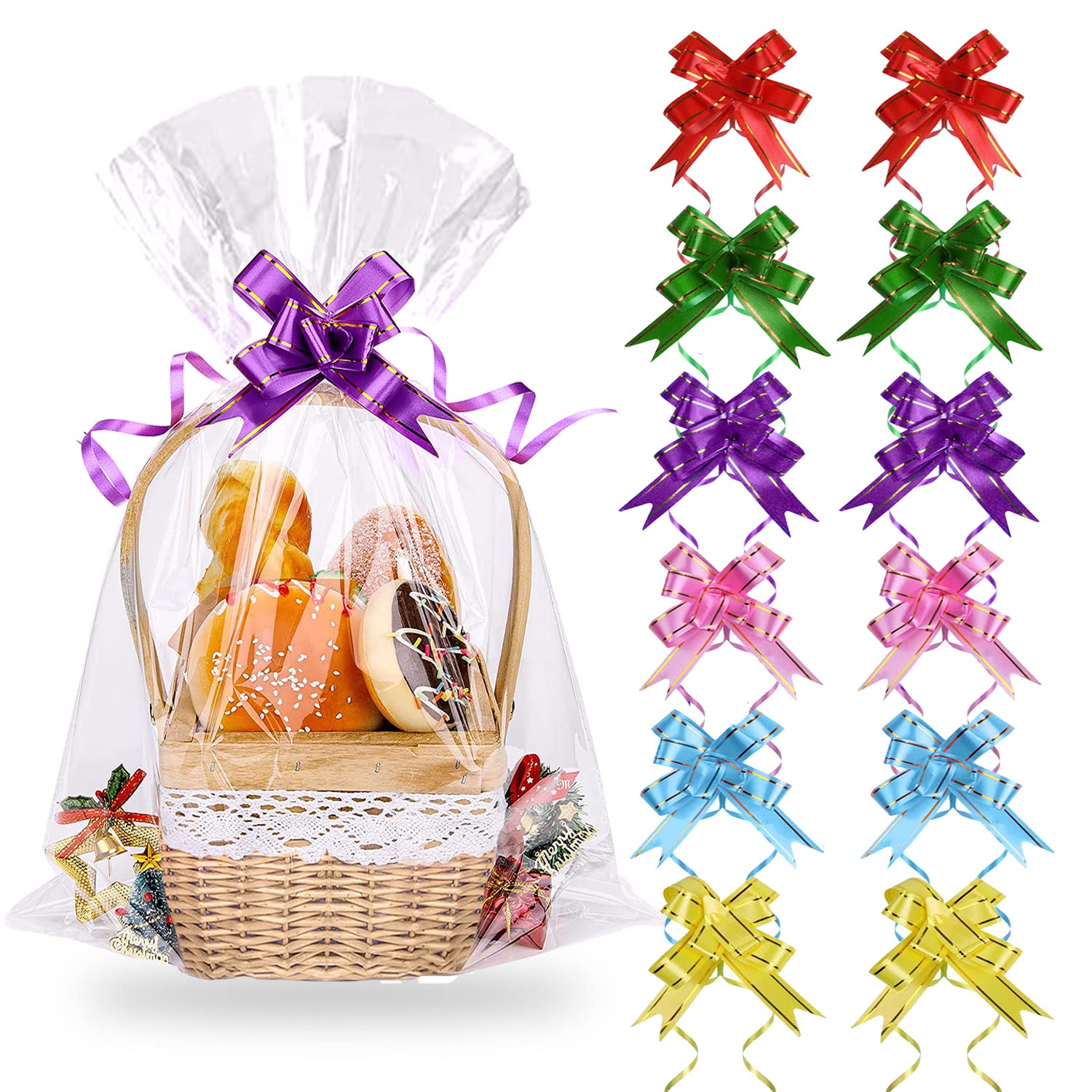 Cellophane Wrap for Hamper, KKSTY Pack of 12 Large Gift Basket Bags With Pull Bows and Twist Ties for Baskets Making, Idea for Easter Halloween Christmas Gifts Presents Fruits Packaging (27x39 Inches)