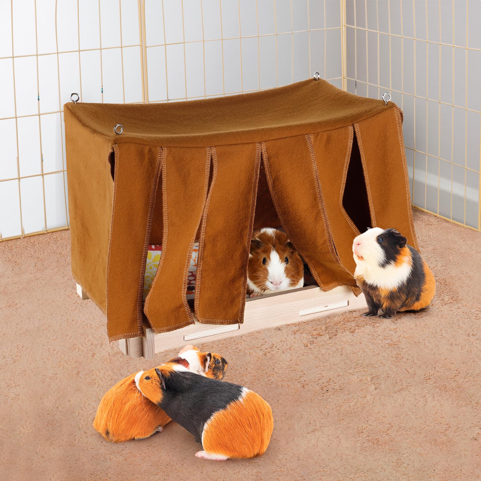 Guinea Pig Hideout - Wooden Guinea Pig Bed with Door Curtain, Durable Cozy Bunny Hideout Houses Guinea Pig Gift Accessories for Hamsters Ferrets Chinchillas Hiding Resting