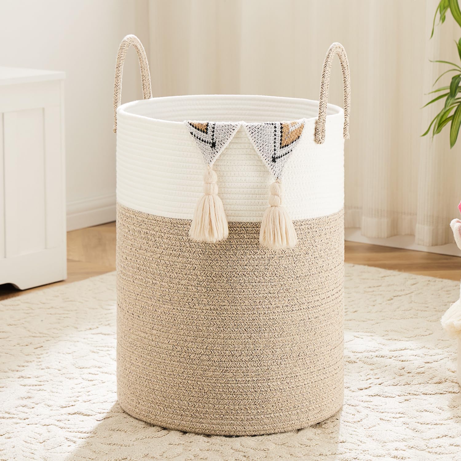 Laundry Basket,Woven Cotton Rope Laundry Hamper,60L for Decor Storage of Dirty Clothes,Toys and Blankets in Bathroom,Baby Room and Living Room