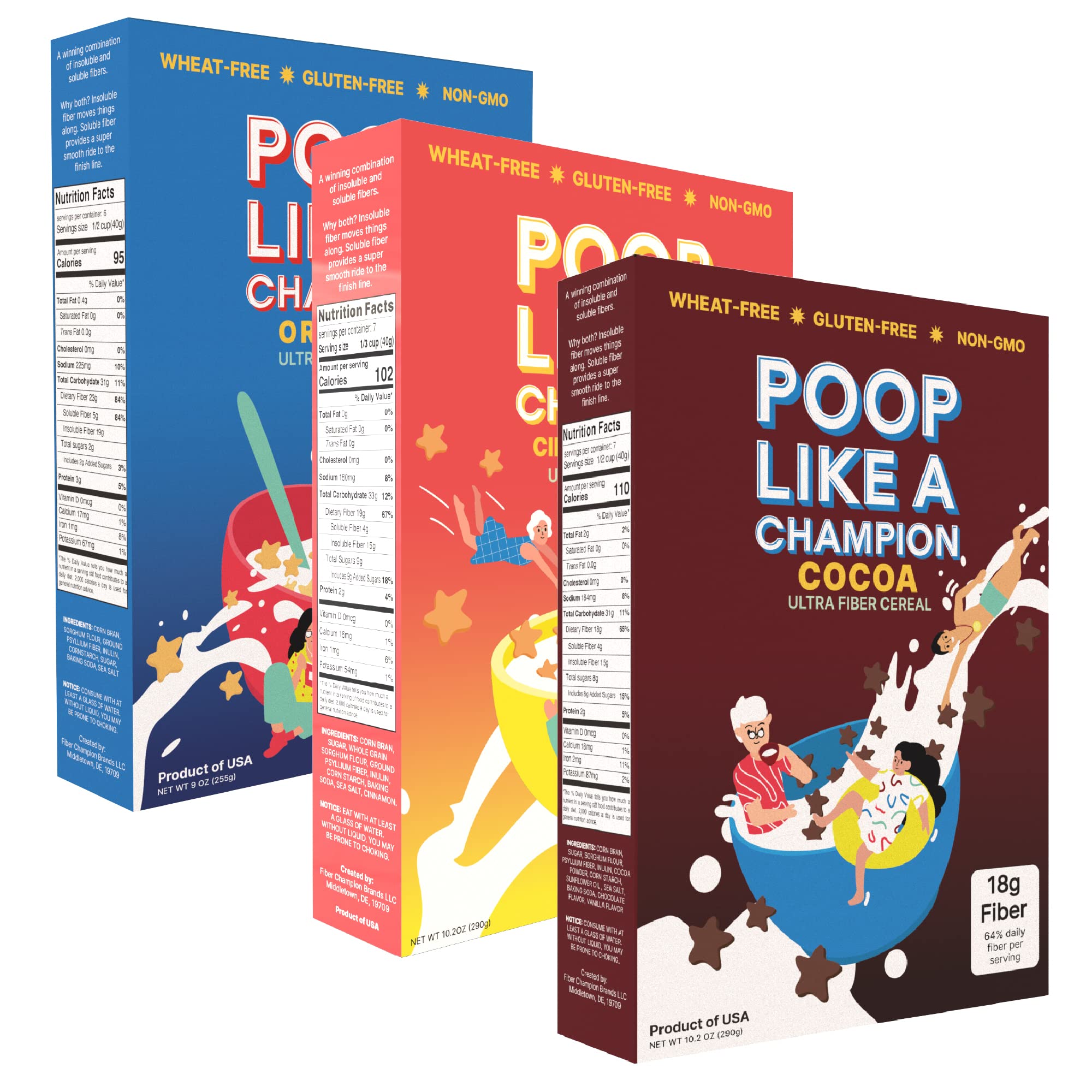 Poop Like a Champion Ultra Fiber Cereal Trio: Cinnamon Toast + Cocoa + Original