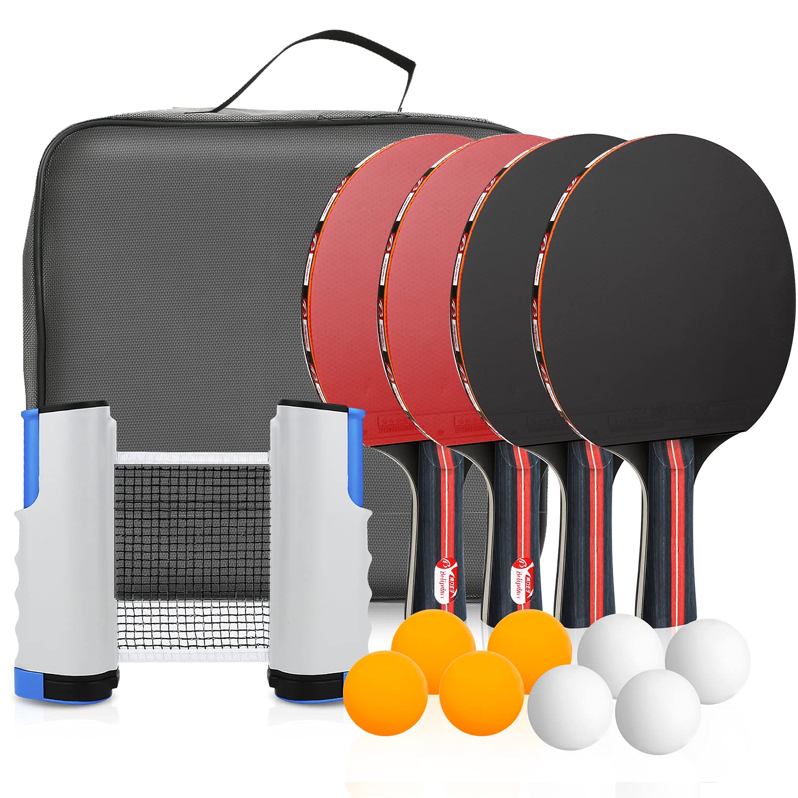 PowcanPing Pong Set Portable Table Tennis Set Ping-Pong Game Pingpong Racket Set for Table Tennis Training with 4 Table Tennis Bats/Rackets/Paddles, 8 Ping-Pong Balls, 1 Retractable Table Tennis Net