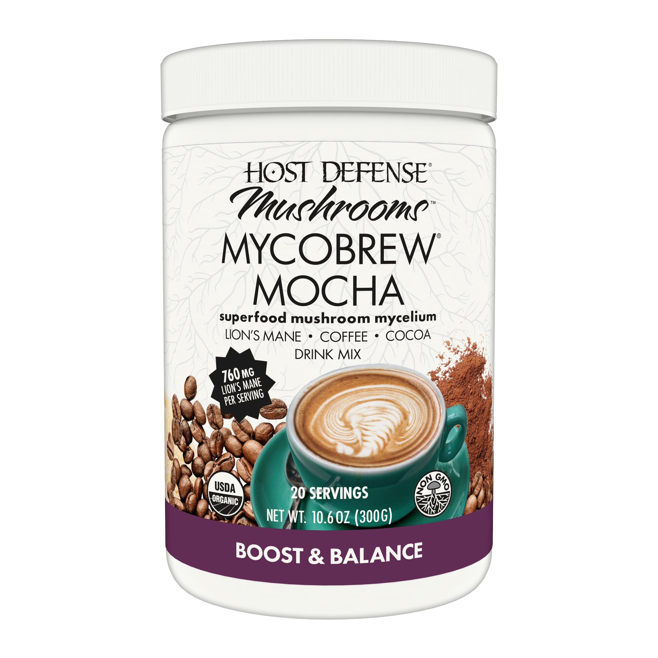 Host Defense MycoBrew Mocha - Mocha Drink Mix - Mocha Powder Includes Lion's Mane Mushroom - Drink Mix with Fair Trade Certified Cocoa & 100% Arabica Instant Coffee - 10.5 oz (20 Servings)