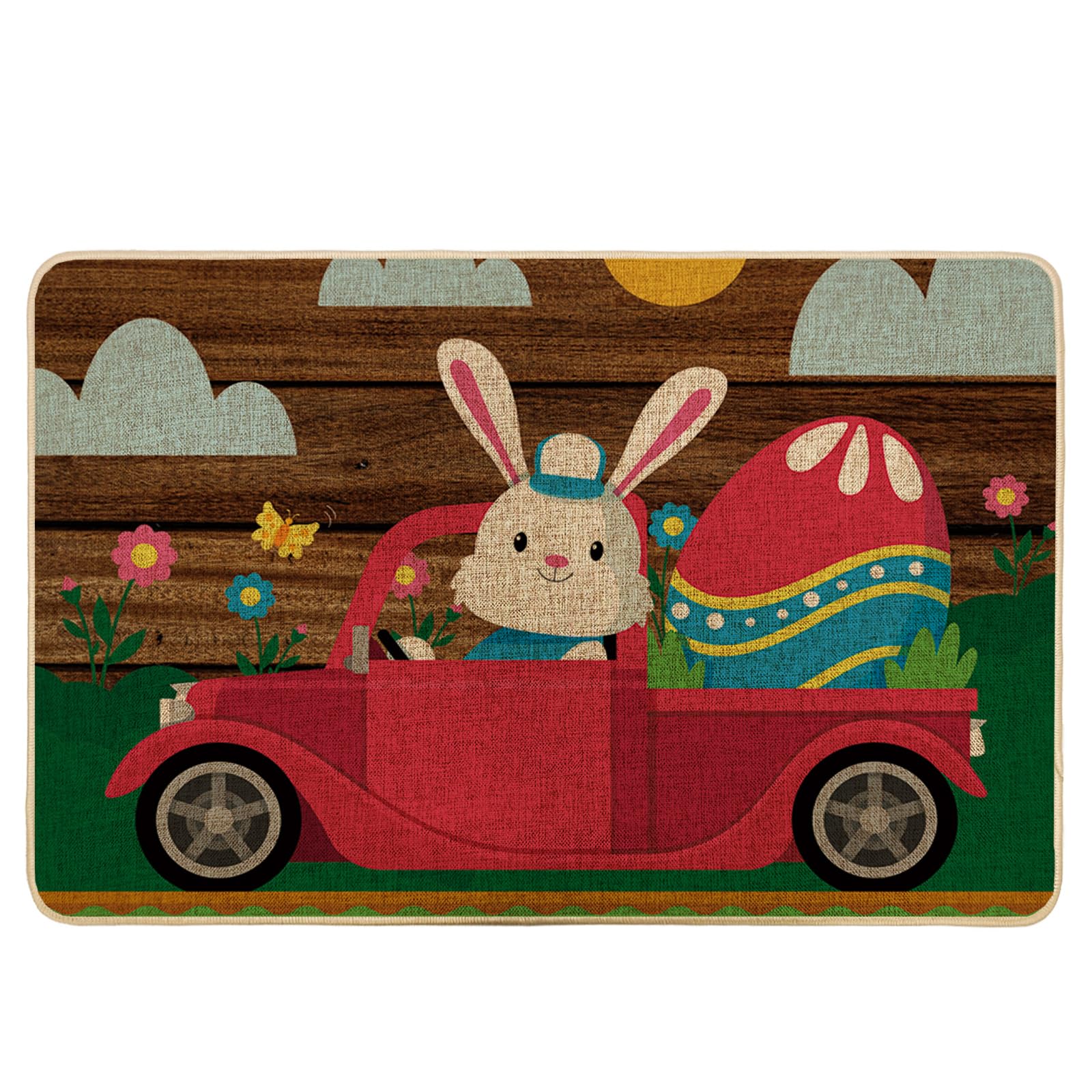 Easter Door Mat Farmhouse Egg Cute Funnysun Cloud Spring Truck Bunny Cartoon Green and Brown Rubber Dirt Trapper Washable Duty Non Slip Bathroom Kitchen Camping Office Porch Door Mat 17x29 Inch