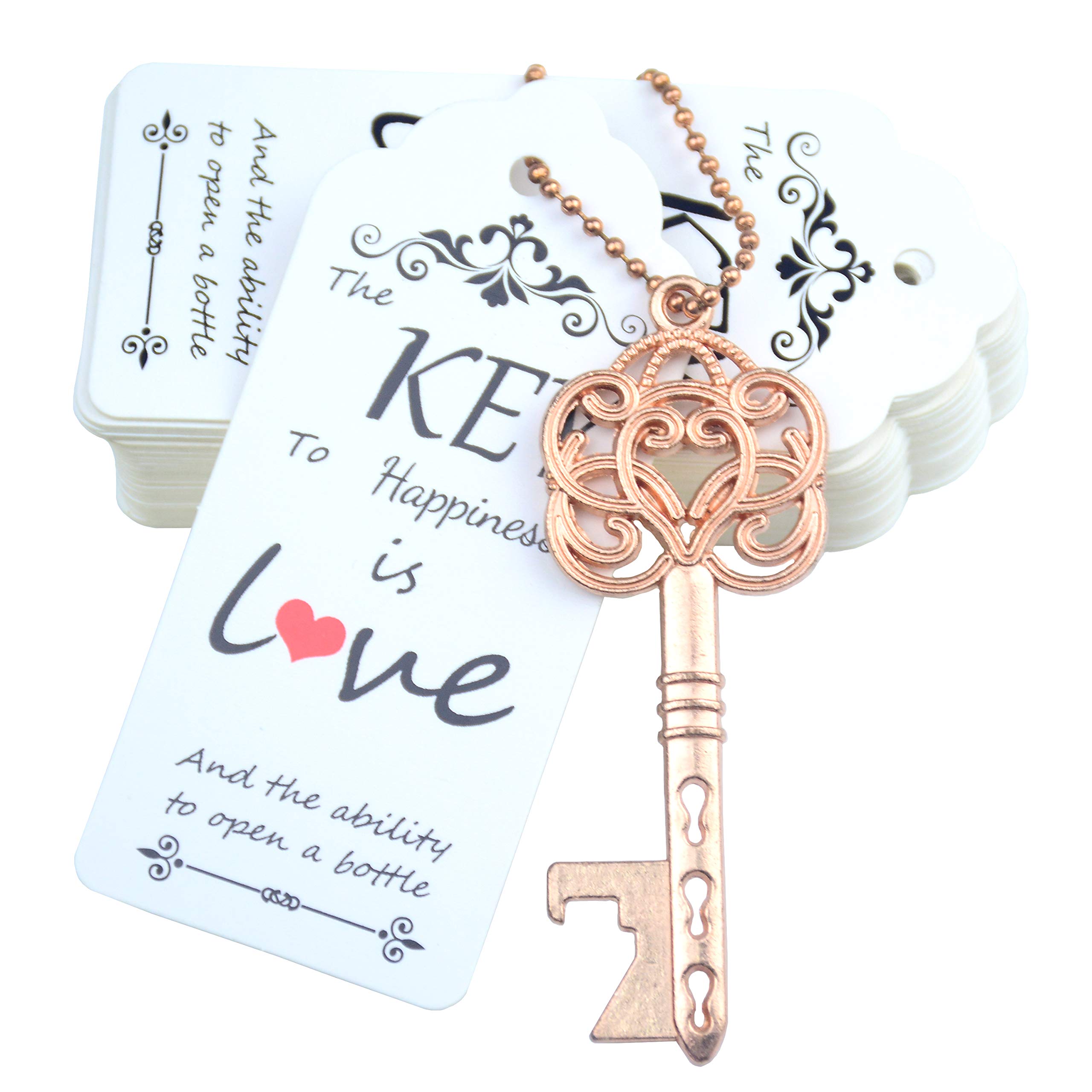 Makhry 52pcs Vintage Skeleton Key Bottle Opener Wedding Party Favor Guest Souvenir Gift Set with Tag Card and Keychain (Rose Gold)