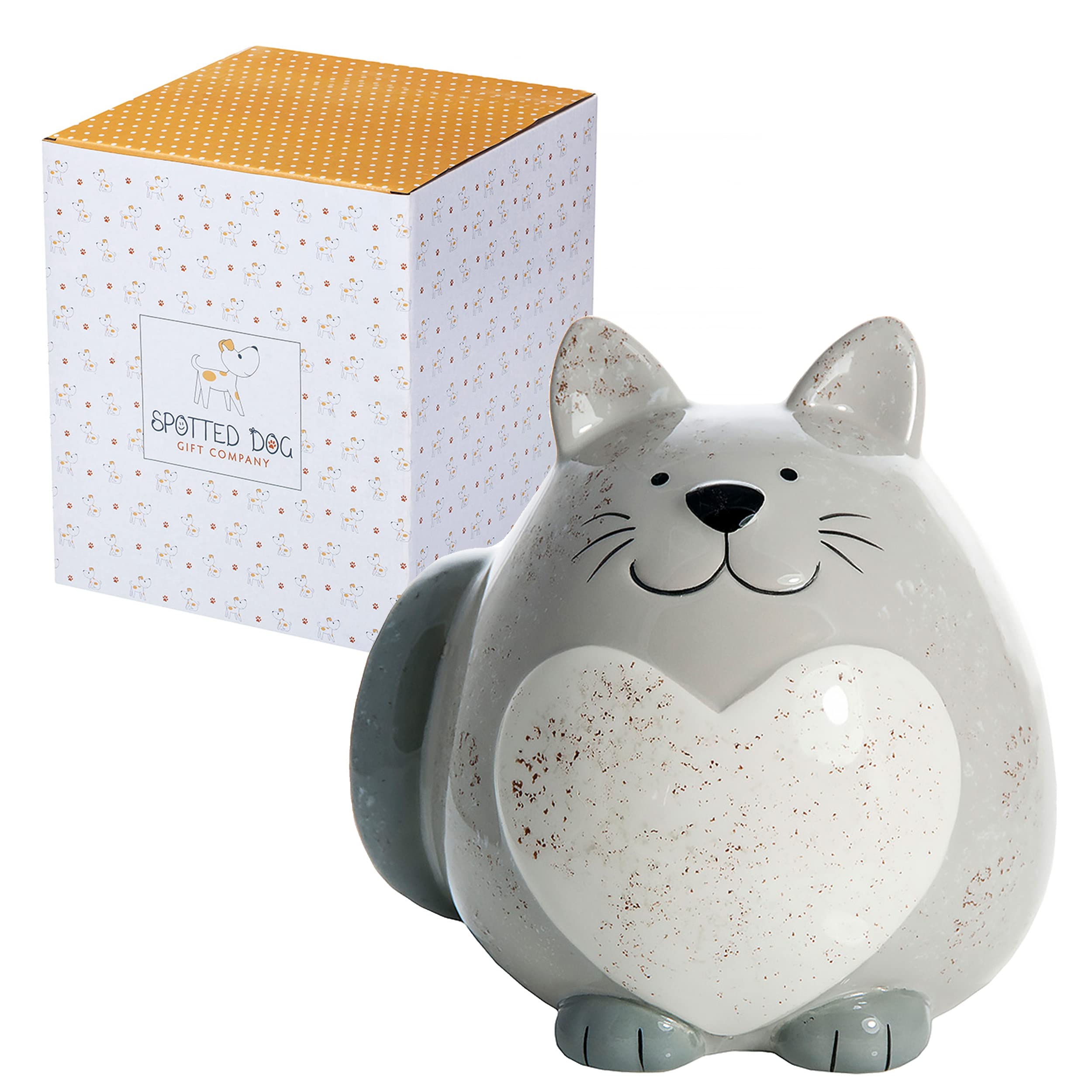 SPOTTED DOG GIFT COMPANY Cat Money Box for Kids Adults, Cute Ceramic Piggy Bank for Savings Coins Cash, Fun Decorative Home Decor Accessories, Gifts for Cat Lovers, Grey 12cmx13cm