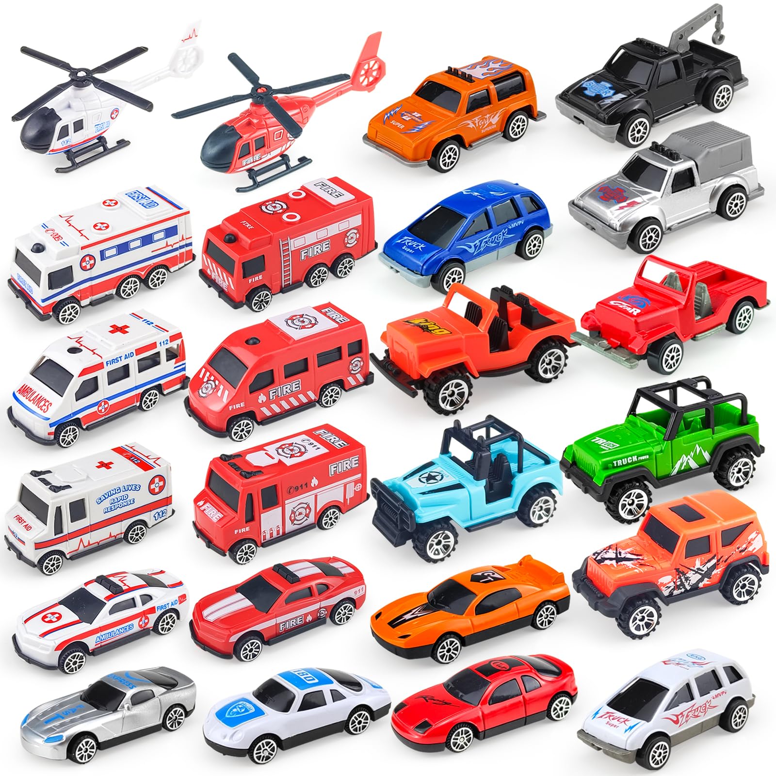 Tcvents24 Pack Toy Cars | Mini Cars for Kids | City Trucks and Toy Cars for Toddlers 1-3 Year Old - Small Fire Trucks & Ambulance & Police Vehicles Play Set for Kids 3-7 Party Favors