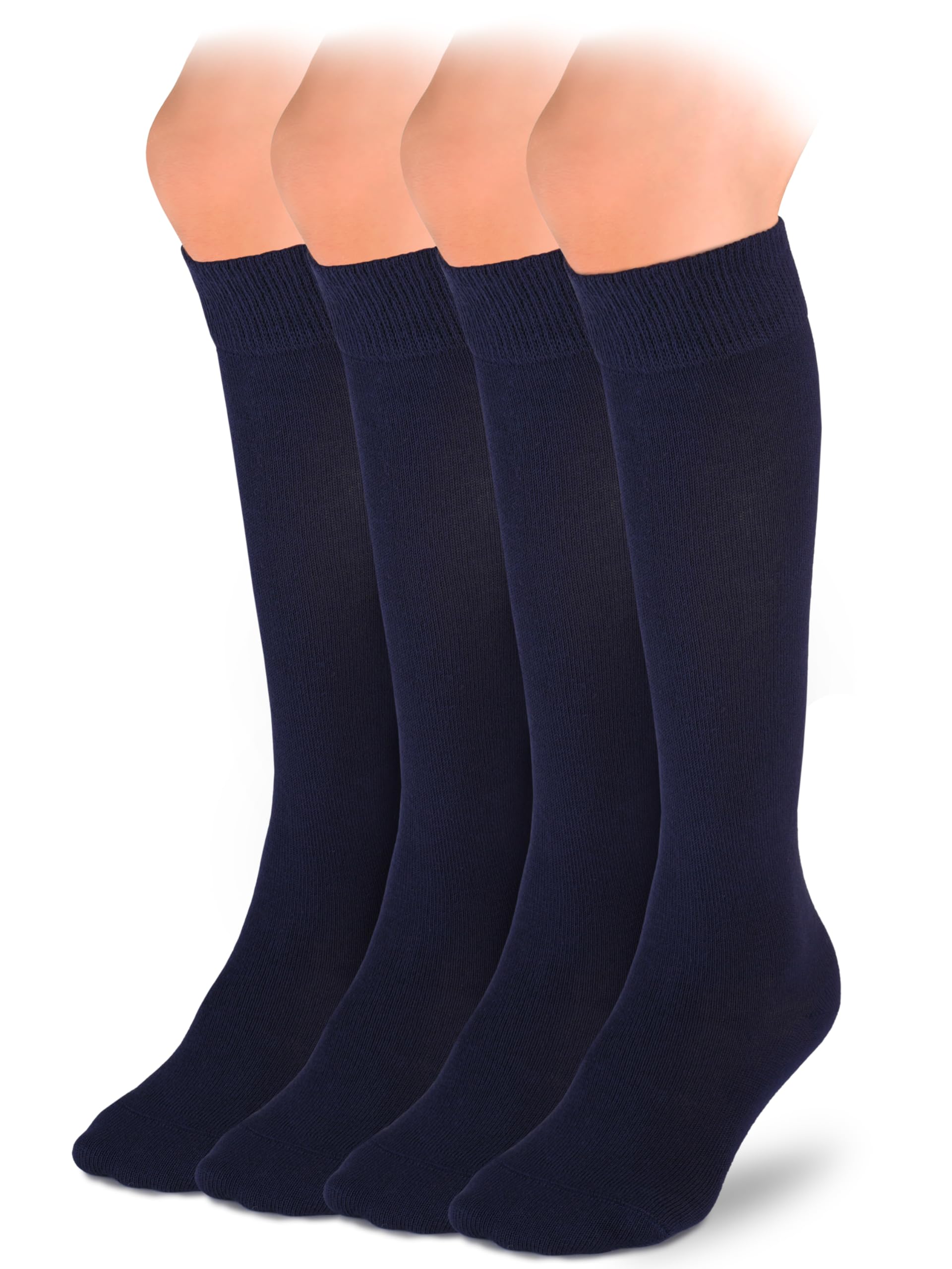 Hugh UgoliKnee High Cotton Socks for Girls Boys and Toddlers, Solid Color Long School Uniform Socks 3-14 Years Old, 4 Pairs