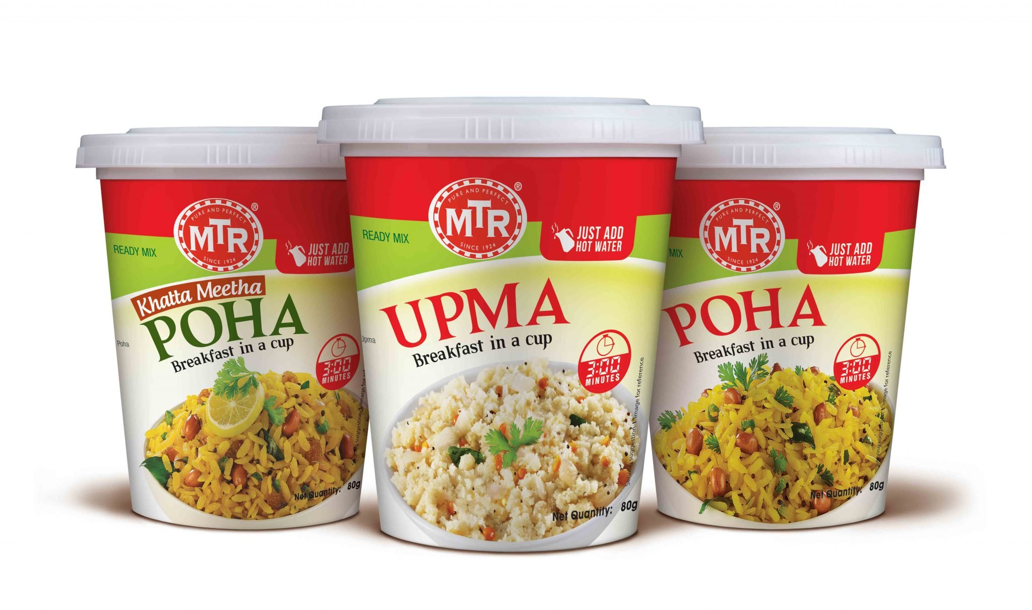 MTR Authentic Indian Breakfast in a Cup Variety Pack Ready in 3 Minutes; 3 Pack:- 1: Poha(Rice Flakes), 2: Khatta Meetha Poha(Sweet Sour Rice Flakes), 3: Upma(Seasoned Samolina; 80G (2.82 Oz) Each Cup