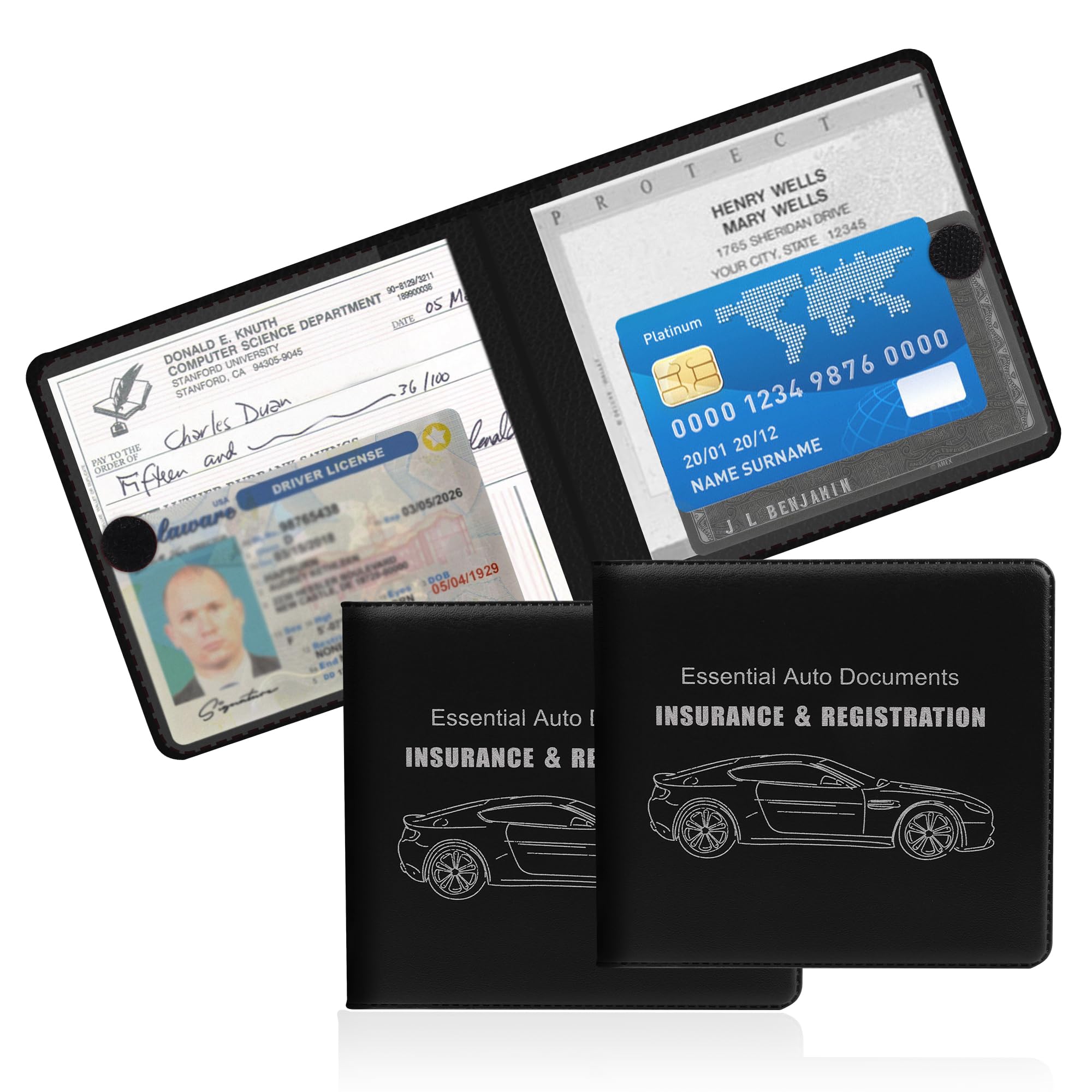 Stacool2PCS Car Registration and Insurance Holder,PU Leather Car Document Holder for ID,Driver's License,Essential Car Card Holder Glove Box Organizer Car Accessories (Large Vehicle/Black)