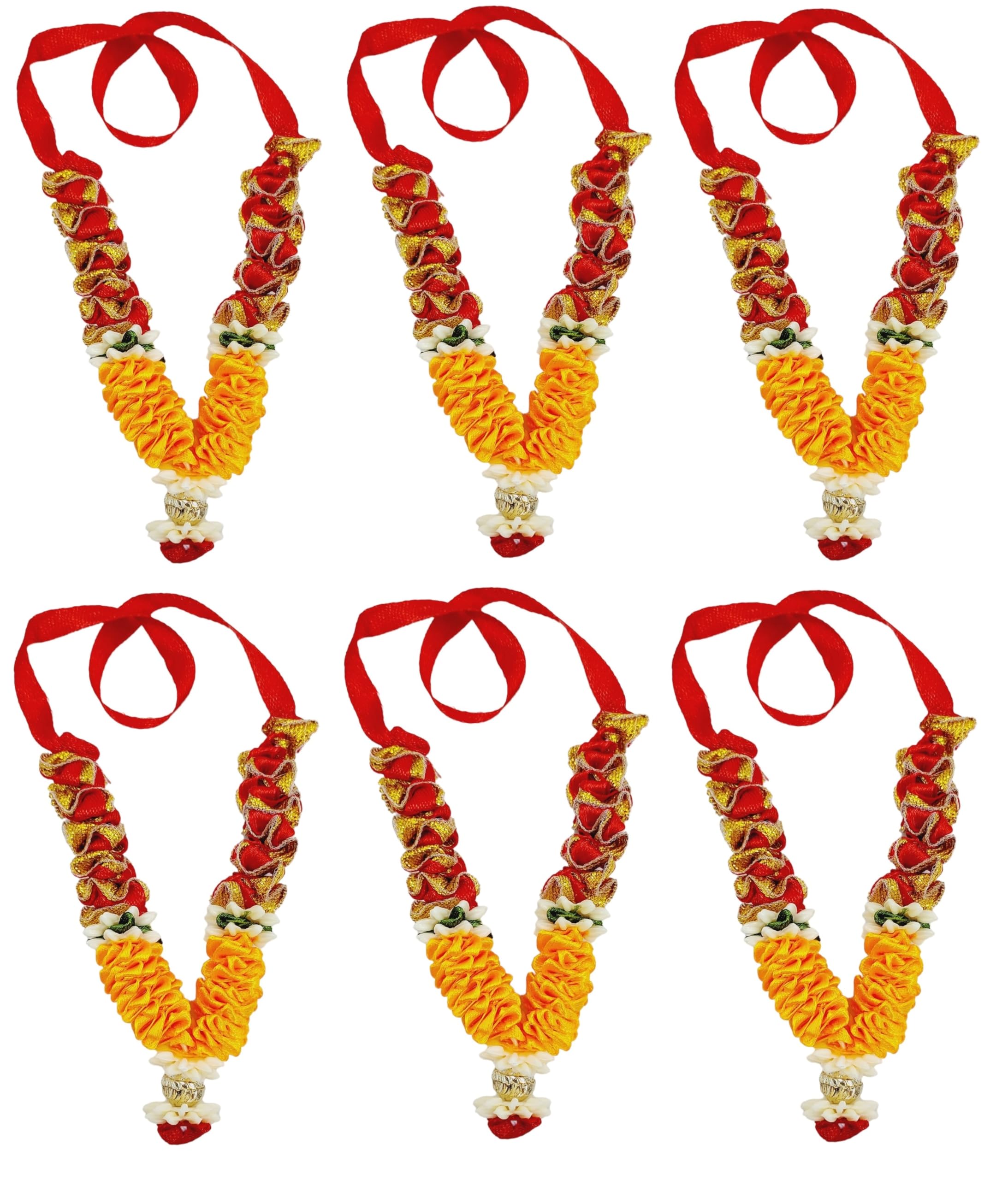 ARTISKRITI Small Red Yellow Ribbon Mala for God Idols and Statues, Pooja Haar Mala for Idols Murti Mala for Car Dashboard Figurine, Set of 6, 8.5 cm