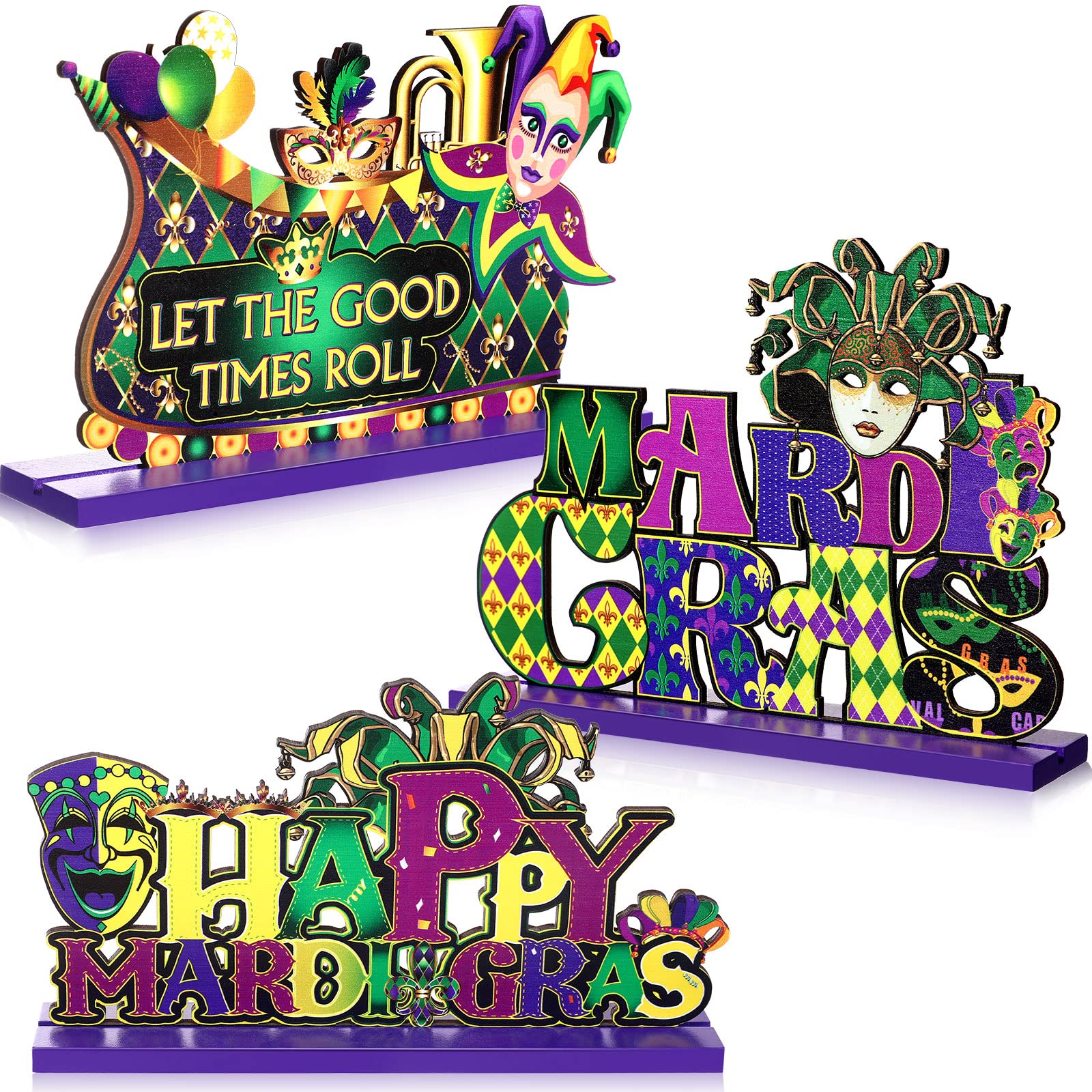 Blulu 3 Mardi Gras Table Decoration Signs Mardi Gras Table Centerpieces Let The Good Times Roll Sign Wooden Masquerade Party Decorations for Mardi Gras Dinner Party New Orleans Style Party