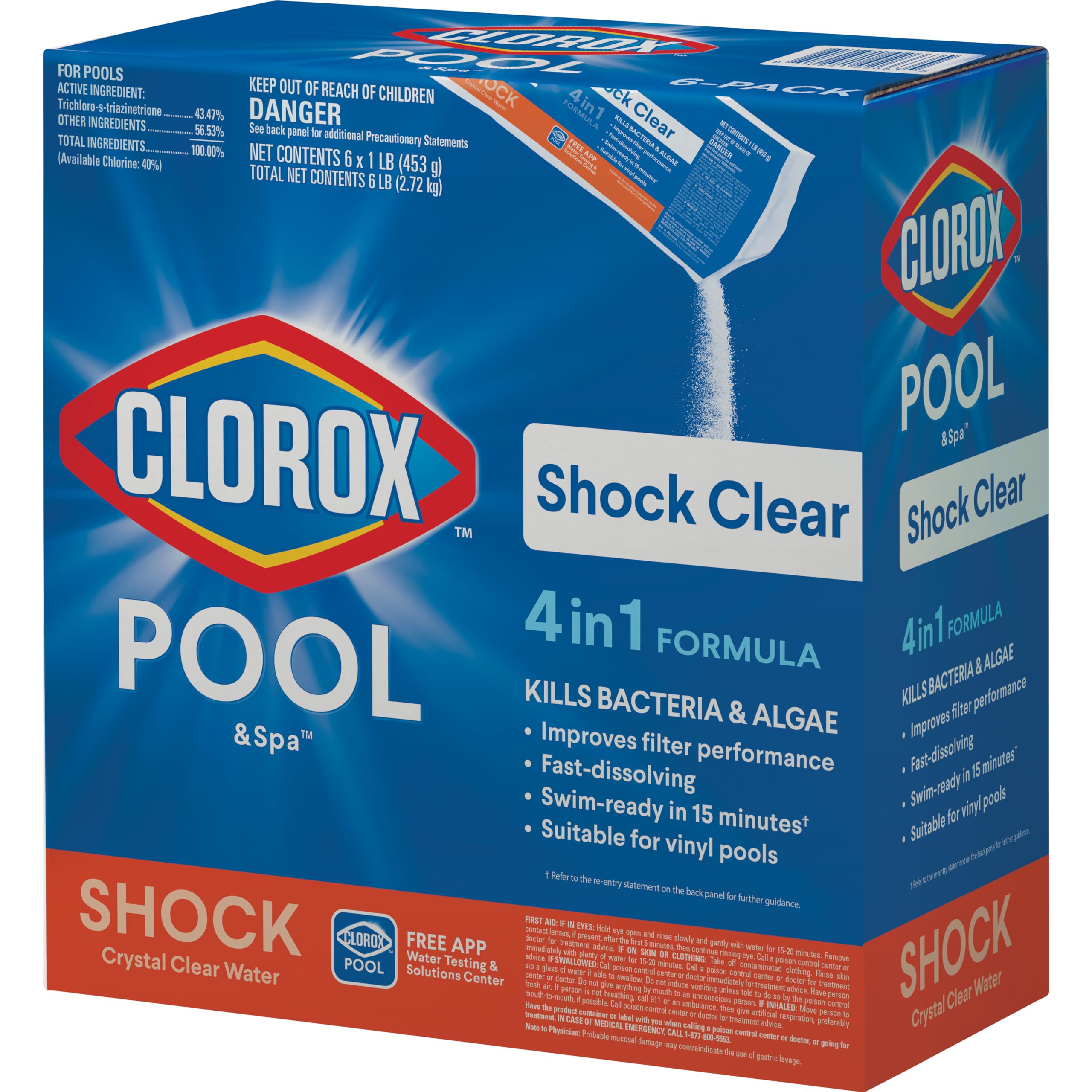 Clorox® Pool&Spa™ Shock Clear, for Crystal Clear Swimming Pool Water, Swim-ready in 15 minutes, Suitable for vinyl pools (6-Pack)